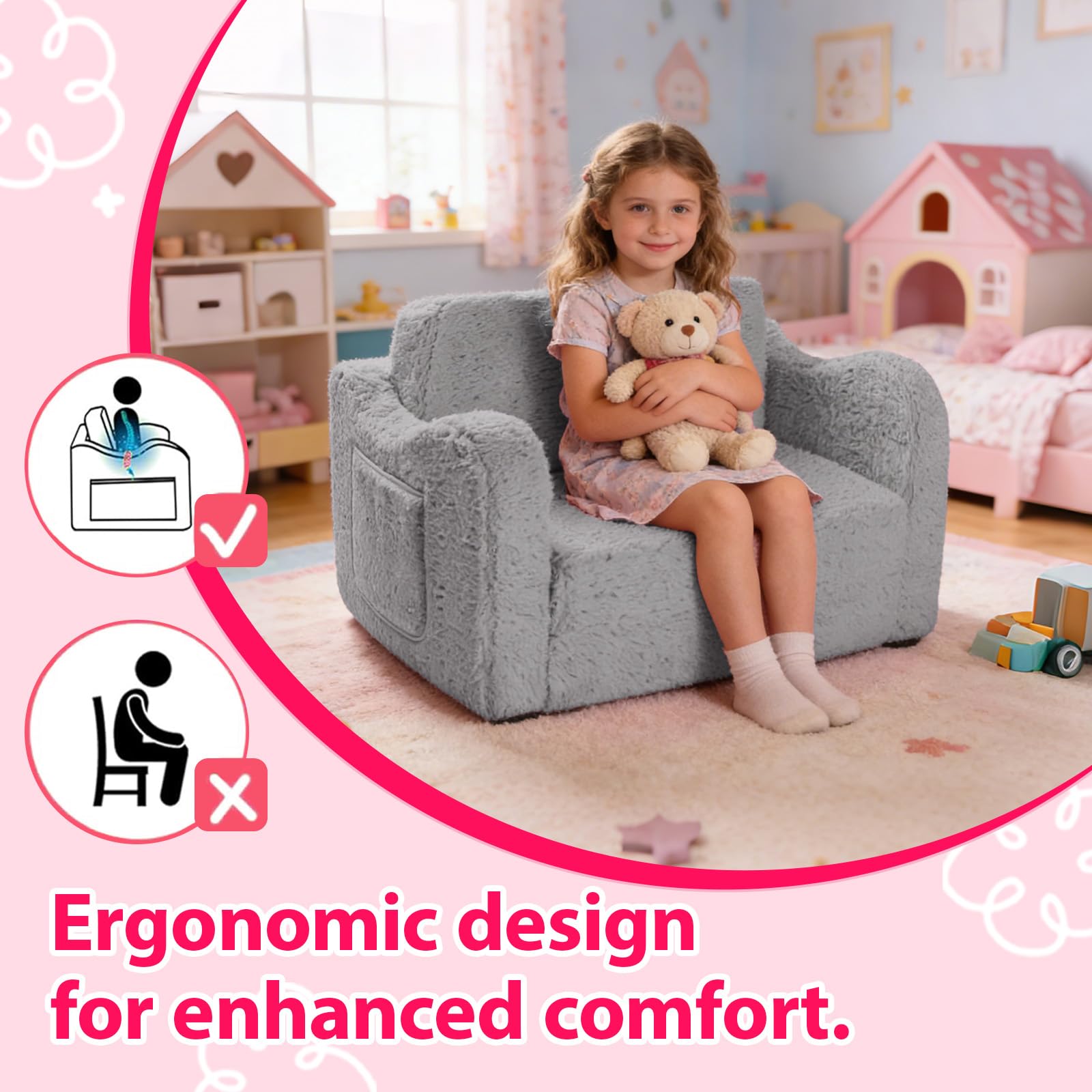 Poltroncina per Bambini 2 in 1, Poltrona Bambini Pieghevole, Poltroncina Bimbi Con Rivestimento Sfoderabile, Poltrona Bambina Bambino