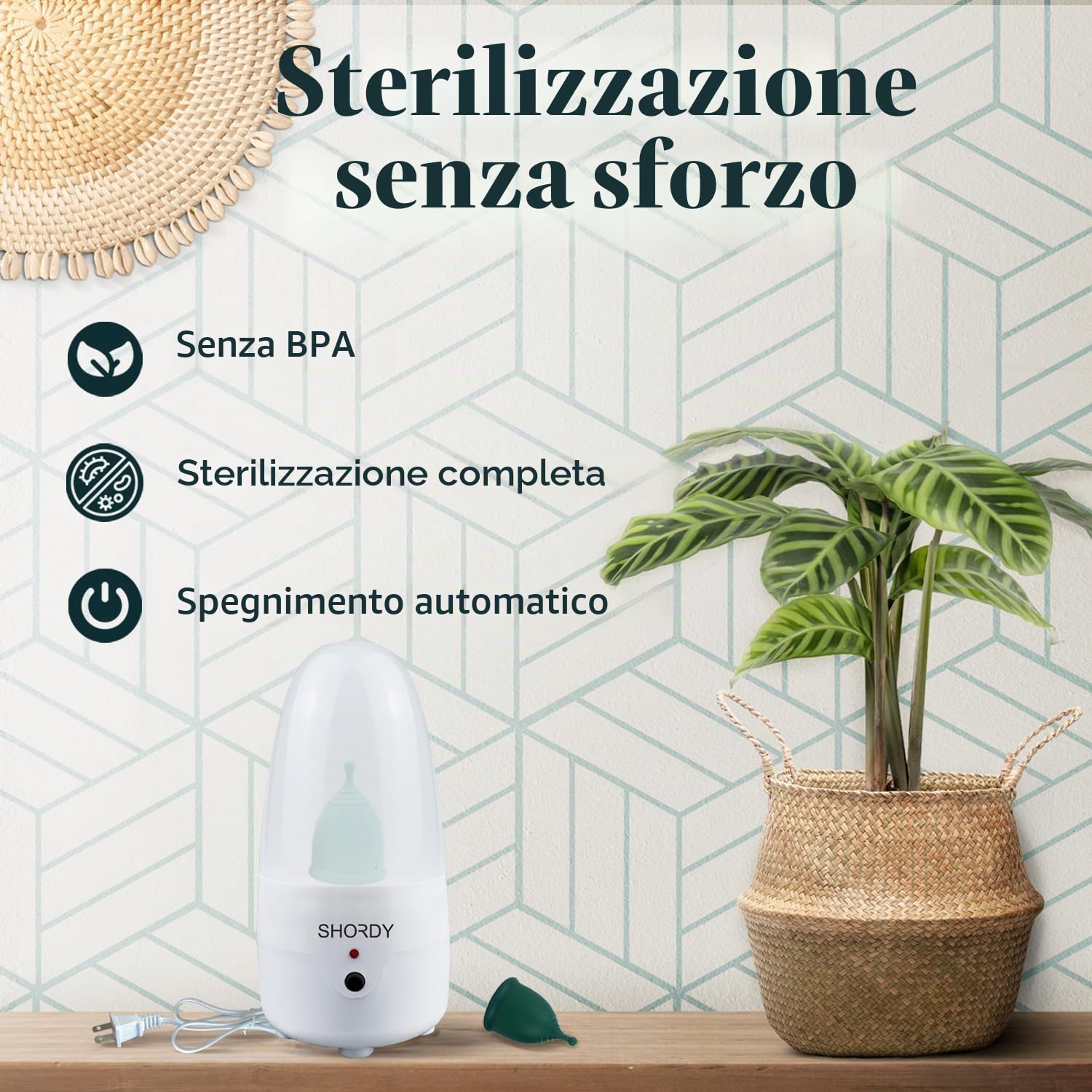 SHORDY Set di 2 coppette mestruali e sterilizzatore a vapore per principianti, set di 2 coppette mestruali (piccole e grandi), sterilizzatore elettrico a vapore e facile da usare, flusso pesante