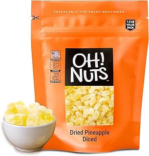 Oh! Nuts Dried Pineapple - 1.5 LB - Dried Fruit Diced - Less Sugar Added - Dehydrated Fruit Bites - Packed in New York Zip-Seal Bag for Exceptional Freshness