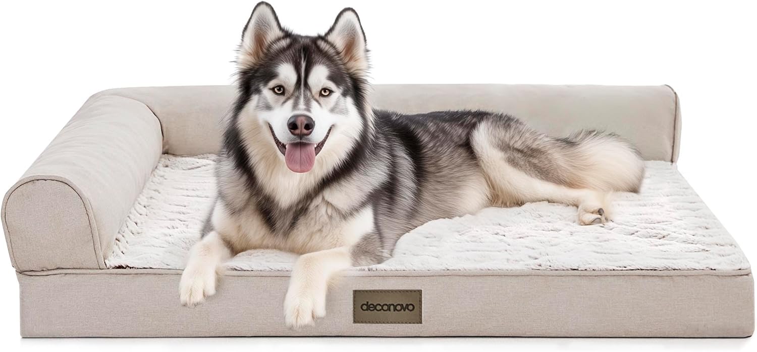 Deconovo Sofa Dog Bed with L-Shape Bolster, Supportive Eggrate Foam, PV Velvet Top, Anti-Slip Waterproof Bottom, Zippered Washable Cover, Large Dogs & XL Options, Khaki, 42x31x8 Inches