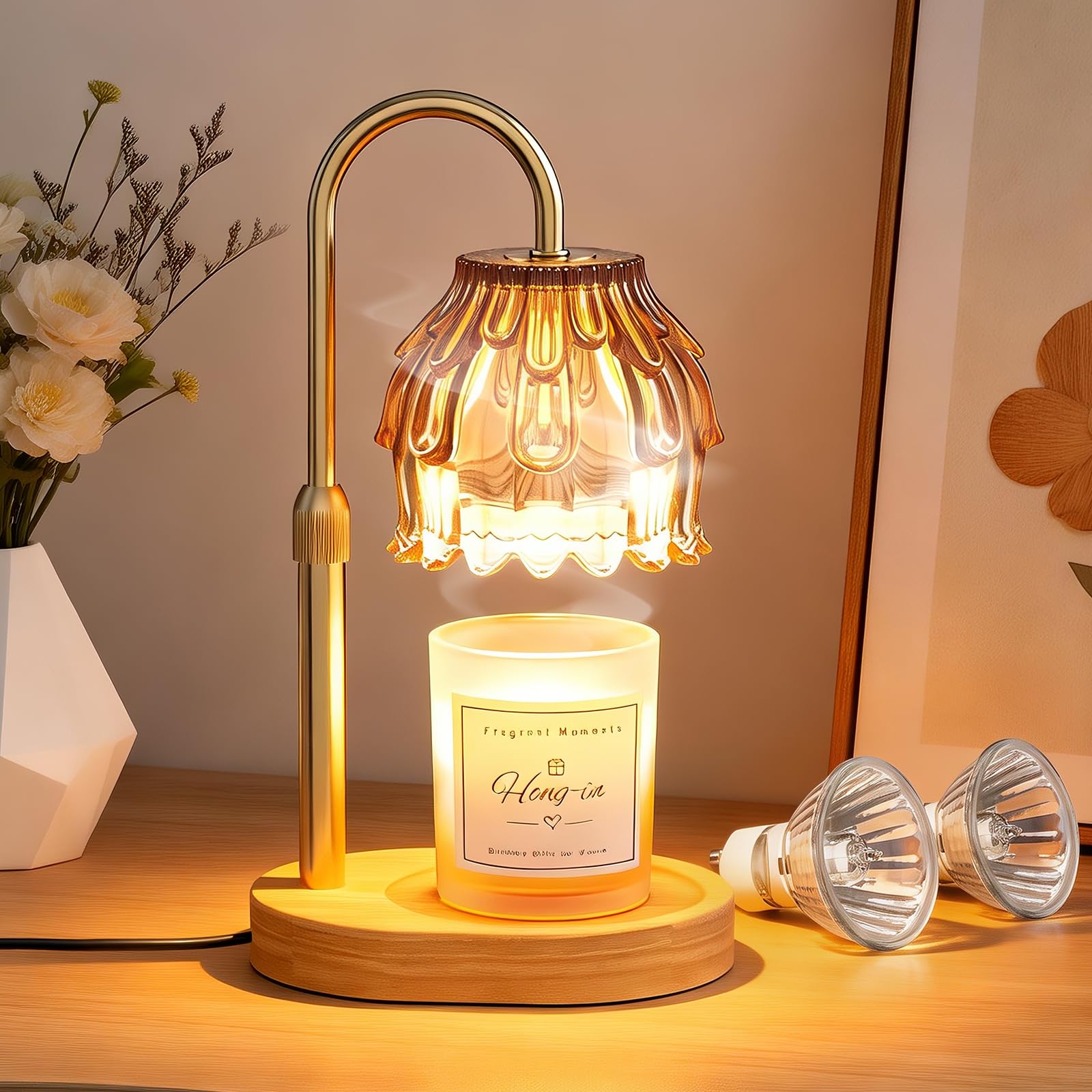 FlyQintess Candle Warmer Lamp with Dimmer/Timer/Adjustable Height，Electric Candle Lamp Warmer for Jar Candles，Home Decor Valentines Day Gifts for Daughter/Mom/Women with 2 Bulbs