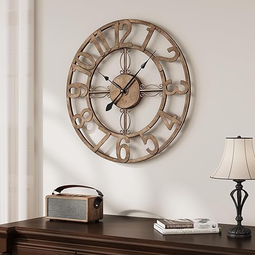 Miniatura 15 de Reloj de pared de 24 pulgadas, relojes de pared grandes para sala de estar, reloj redondo de metal decorativo, funciona con pilas, silencioso, sin