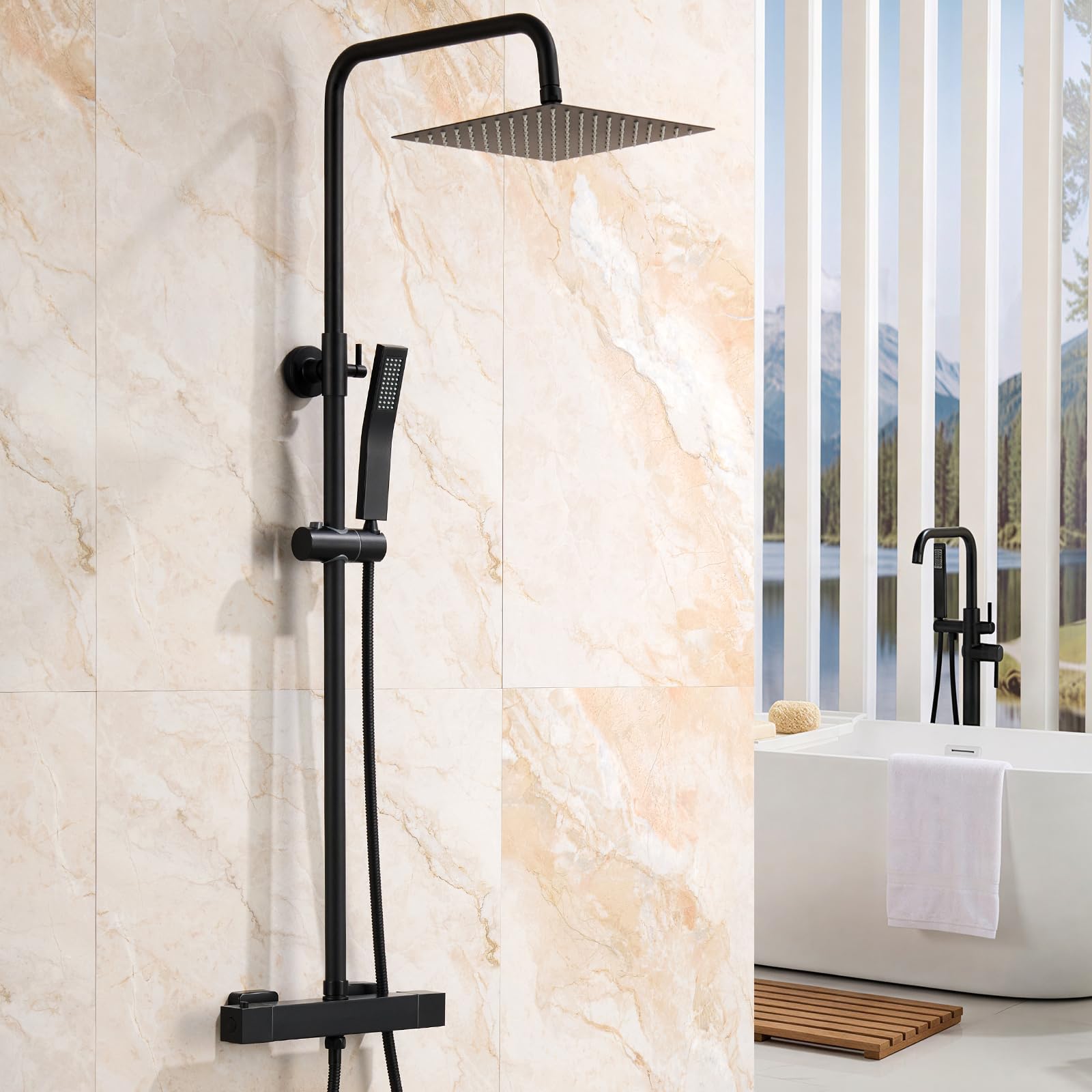 Auralum Miscelatore Termostatico Doccia con 2 Uscite, Attacco Standard Europeo G1/2, Distanza Installazione 150mm±10mm, Miscelatore Doccia Esterno Nero, Rubinetto Doccia da Muro Forma Rettangolare