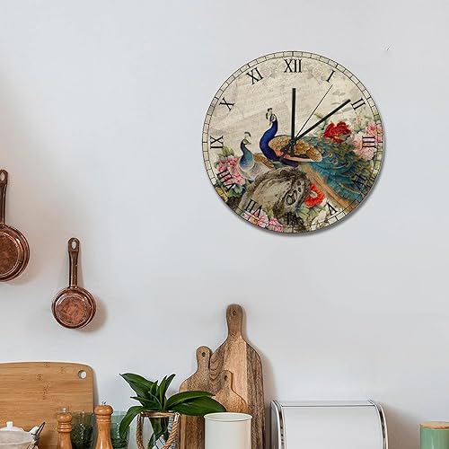 Miniatura 4 de Reloj de pared romántico vintage de pavo real asiático, pájaros de pavo real, animales, flores, redondo, funciona con pilas, reloj analógico