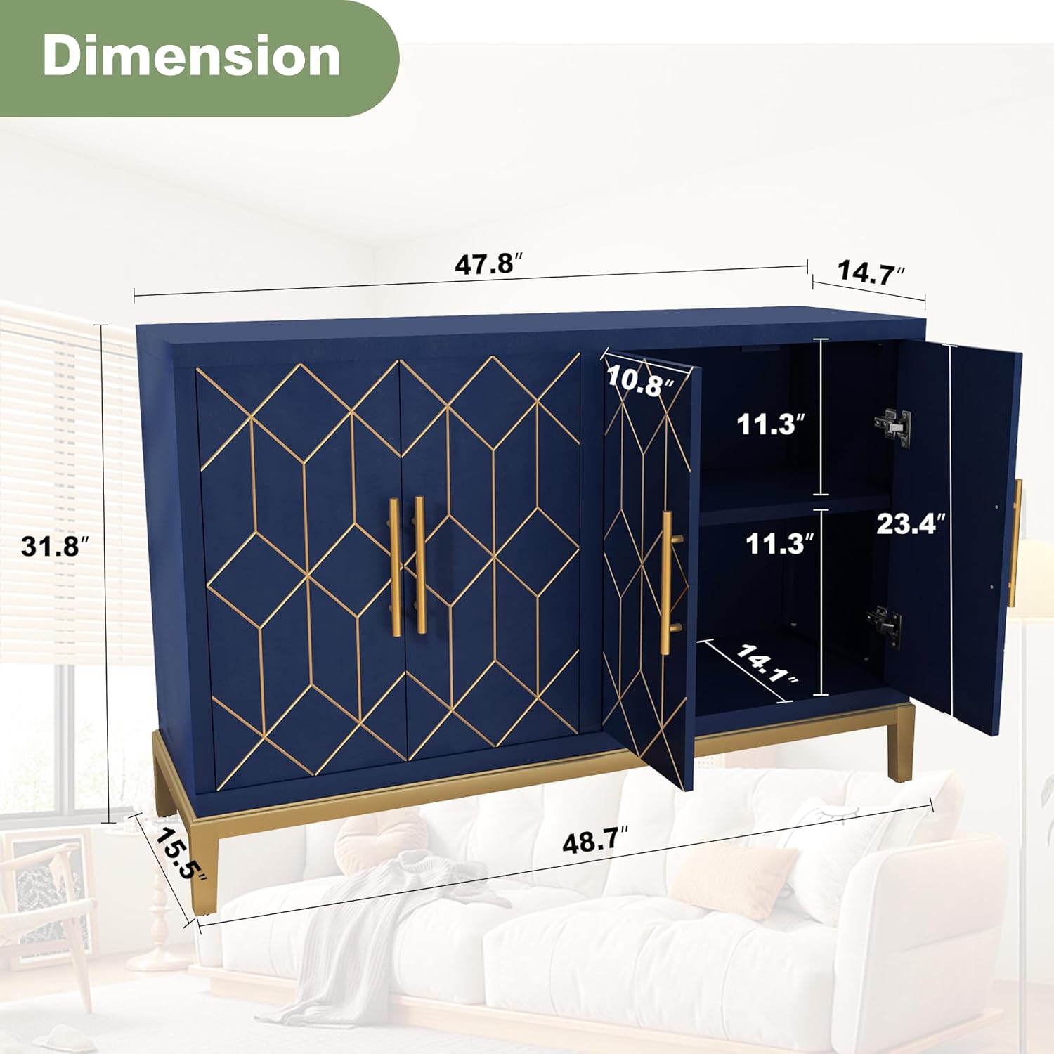 HLR 48" Accent Cabinet with 4 Doors and Shelves, Modern Credenza Storage Cabinet with Gold Trim, Sideboard Buffet for Living Room, Kitchen, Dining Room, Hallway, Blue