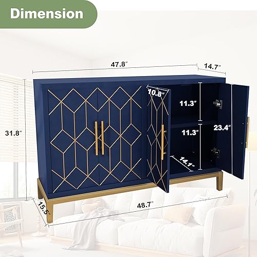 Miniatura 2 de HLR Armario decorativo de 48 pulgadas con 4 puertas y estantes, armario de almacenamiento moderno con borde dorado, aparador buffet para sala de