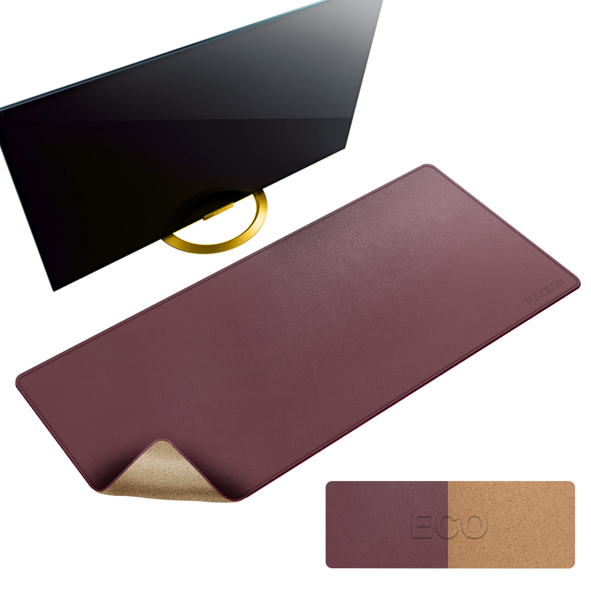 MAIDERN Tappetino Scrivania pelle in Sughero,100x40cm sottomano scrivania bifacciale,Tappetino per Mouse impermeabile e antiscivolo ，per Casa/Ufficio(Rosso vino)