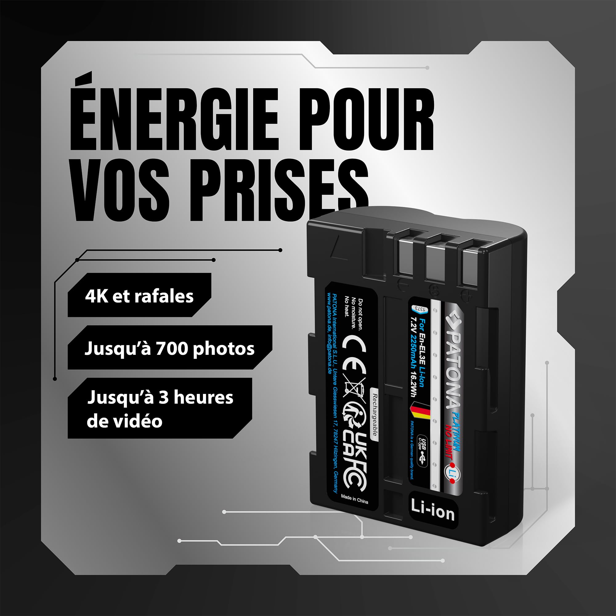 PATONA Platinum Lot de 2 Batteries EN-EL3E 2250 mAh USB-C pour Nikon