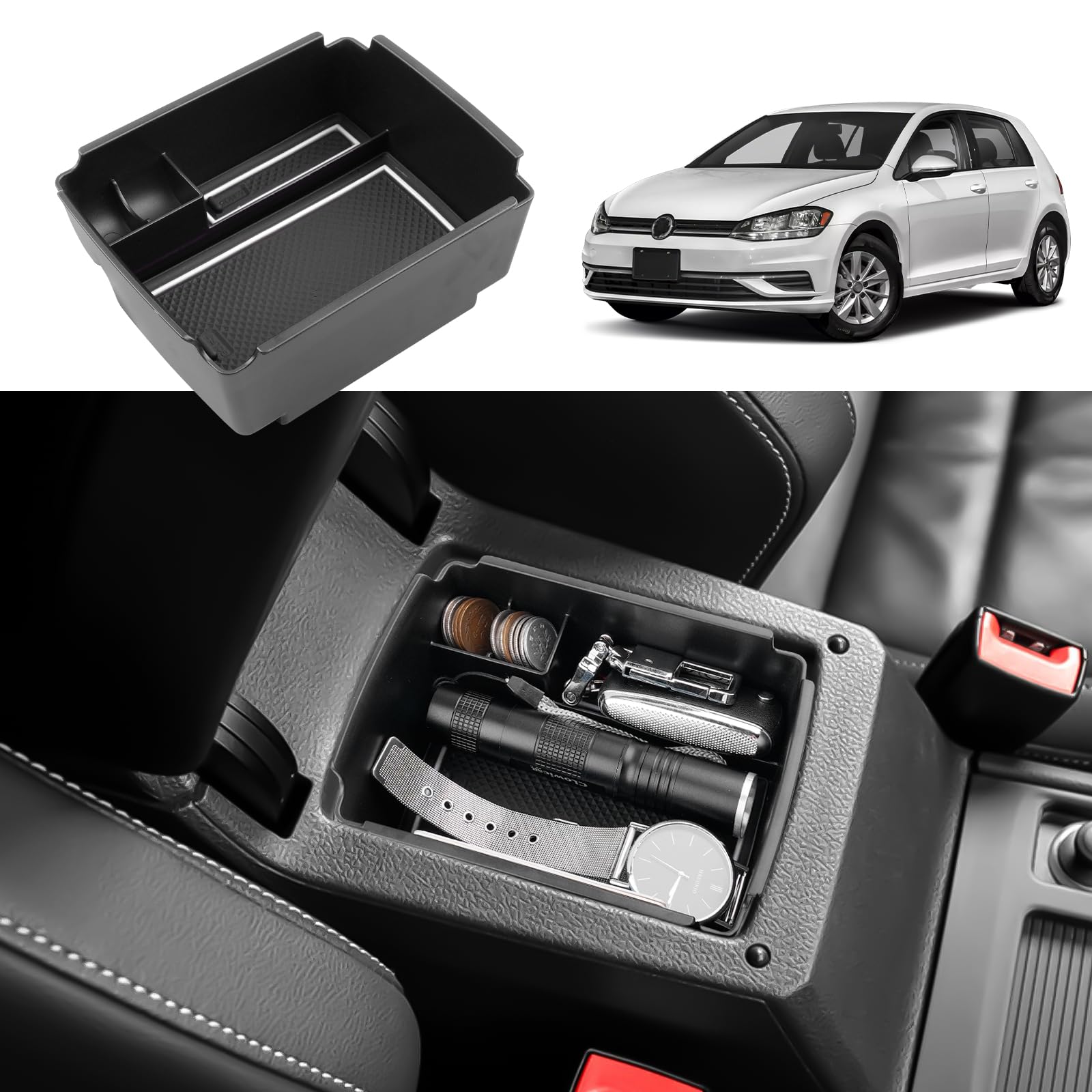 Boîte de Rangement pour Accoudoir Compatible avec VW Golf 7 7.5 2013-2019, Golf 7 Organisateur de Console Centrale, Plateau Rangement d'accoudoir avec Tapis Antidérapants (Blanc)
