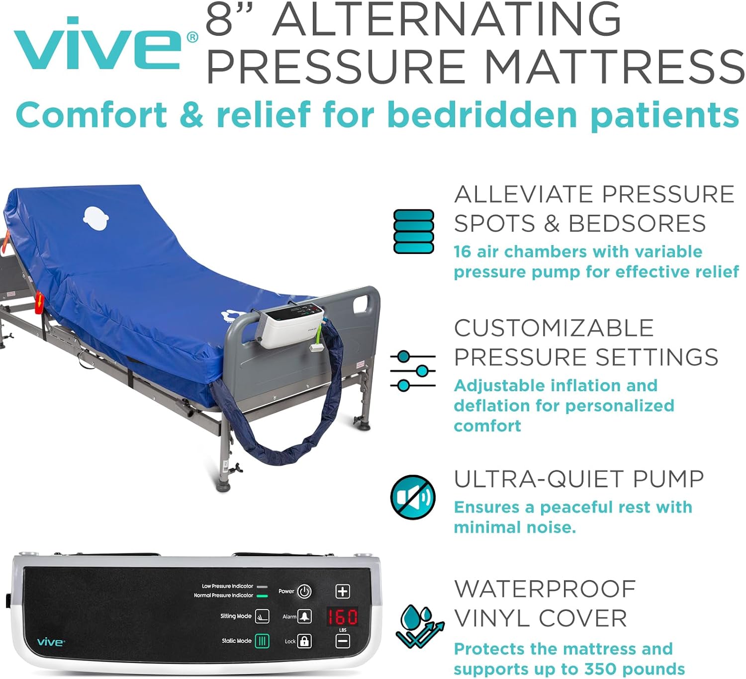 A person lying comfortably on the Vive 8-Inch Alternating Pressure Mattress, which is set up on a hospital bed. The image highlights the mattress dimensions of 80 inches long, 34 inches wide, and 8 inches high, and its 350-pound weight capacity.