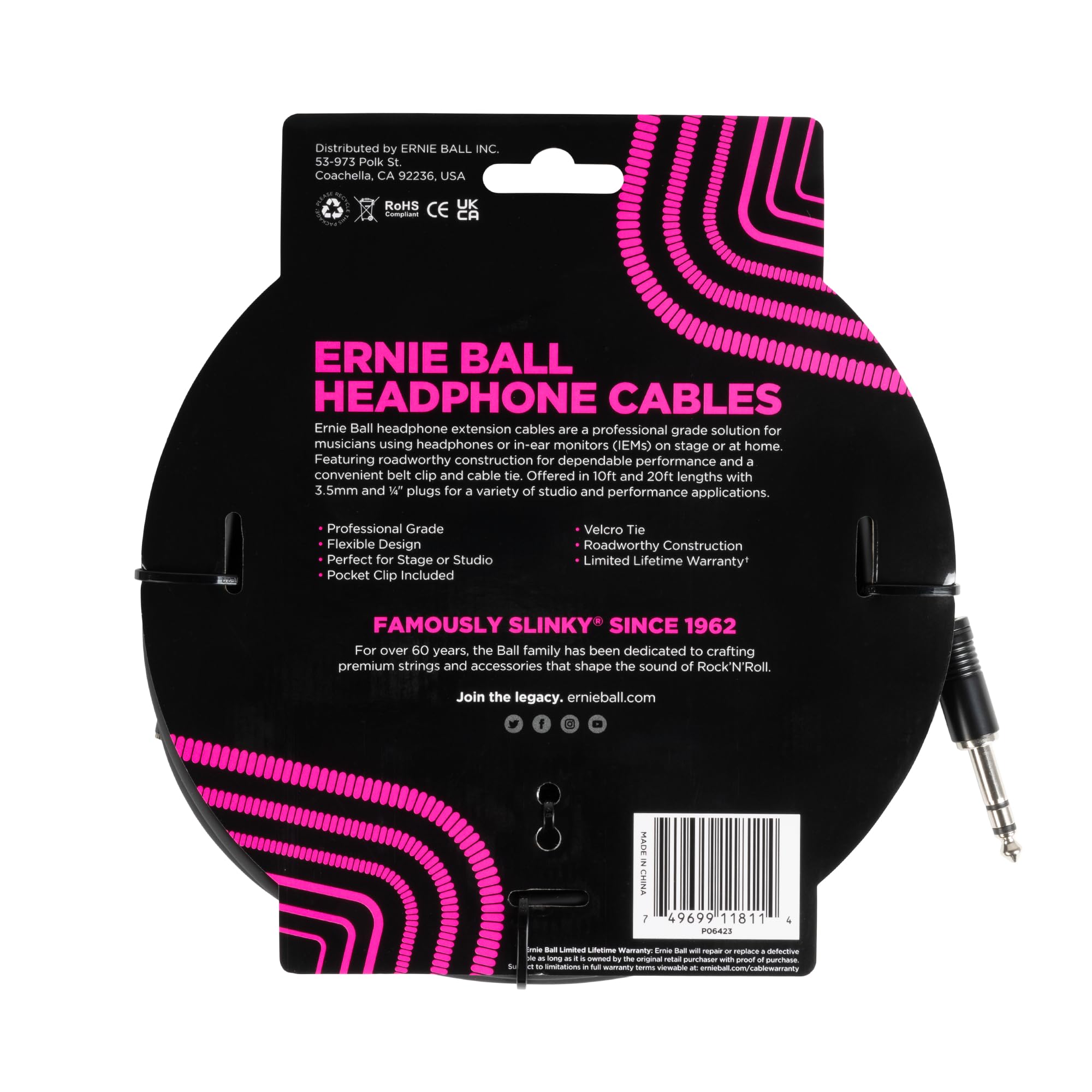 Ernie Ball Kopfhörer-Verlängerungskabel, 1/4 Zoll auf 3,5 mm, 6,1 m - Schwarz
