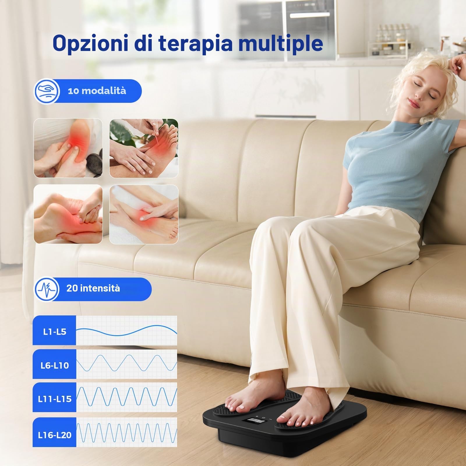Massaggiatore per Piedi, Ricaricabile EMS TENS Massaggiatore Piedi Elettrico con 10 Modalità e 20 Intensità per la Circolazione, Allevia la Neuropatia, il Dolore Muscolare e il Gonfiore, Regali