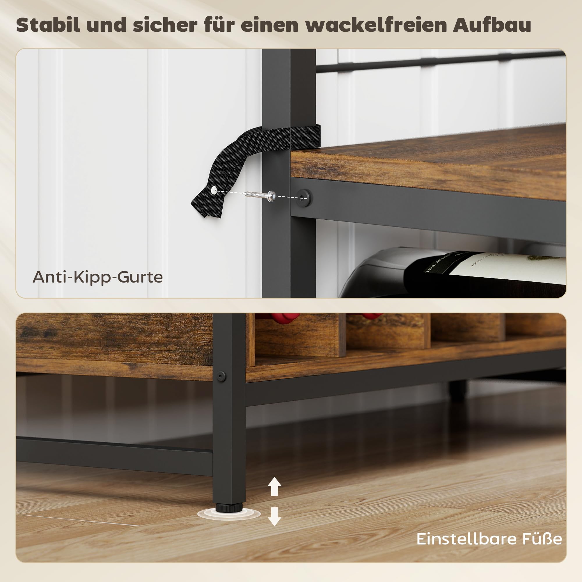 HOMCOM Küchenregal, Standregal mit 5 S-Haken, 2 Ablagen, Metallgitterpaneele, Kaffeebar mit Weinregal, Bäckerregal aus Metallrahmen, Rustikal-Braun, 96,5 x 38 x 165 cm