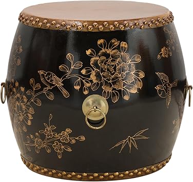 13.7" Chinese Garden Stool,Chinoiserie Style Wood Drum Stools,Indoor/Outdoor Side Table,Plant Stand Decorative,Classical Footstool,for Living Room,Patio,BedroomBlack Gold
