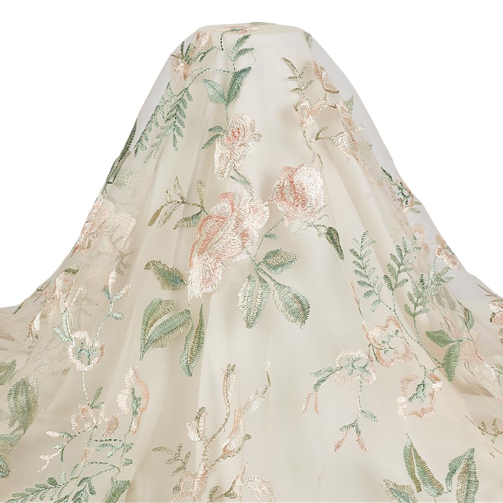 Tissu en maille résistant avec dentelle florale beige facile à coudre