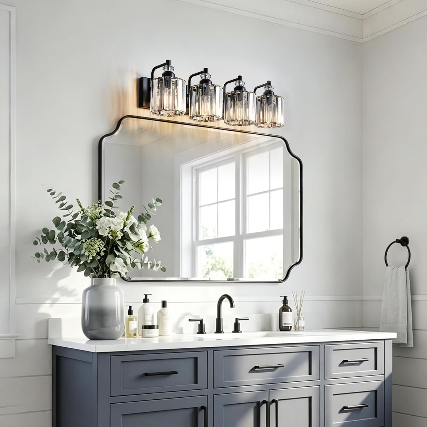 4-Light Black Bathroom Light Fixtures Over Mirror Modern Vanity Lights Crystal Wall Sconce Vintage Bathroom Lighting with Crystal Shade E26 Base for Bedroom, Living Room, Hallway