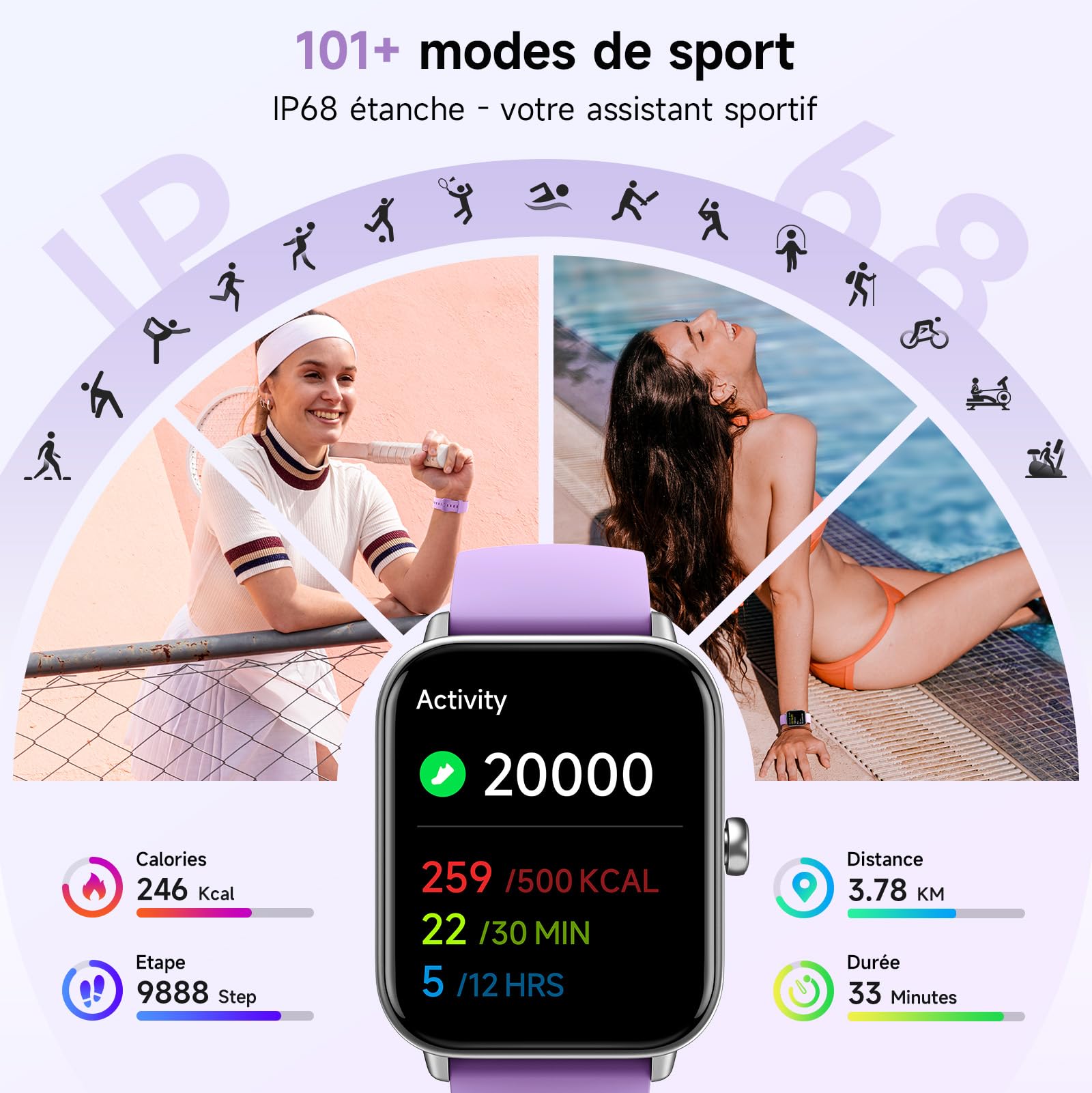 Montre Connectée Femme Appel Bluetooth, 1.8" Montre Connectée pour Samsung iPhone Android, Voix de l'IA, Alexa intégrée, Smartwatch Moniteur de SpO2/Sommeil/Podometre/Calories, IP68, 100+ Modes