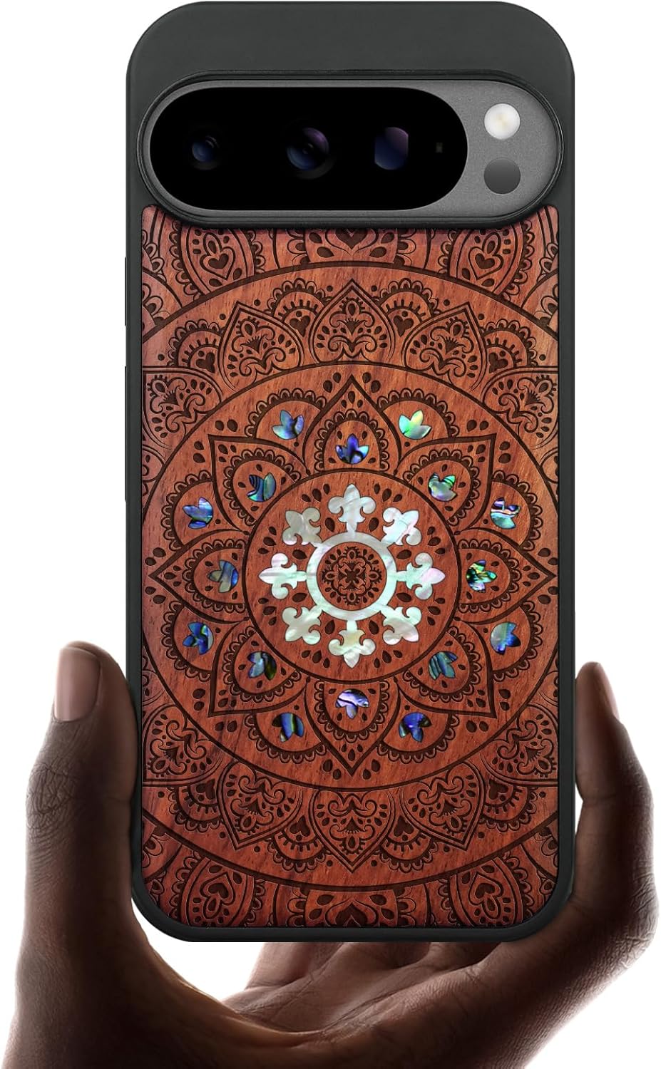 Carveit Magnetic Wooden Case for Pixel 10 / Pixel 10 Pro Case, Wood Artisan Engraved & Handmade Shell Inlaid, Compatible with MagSafe Wireless Chargers, Mandala Floral - Rosy