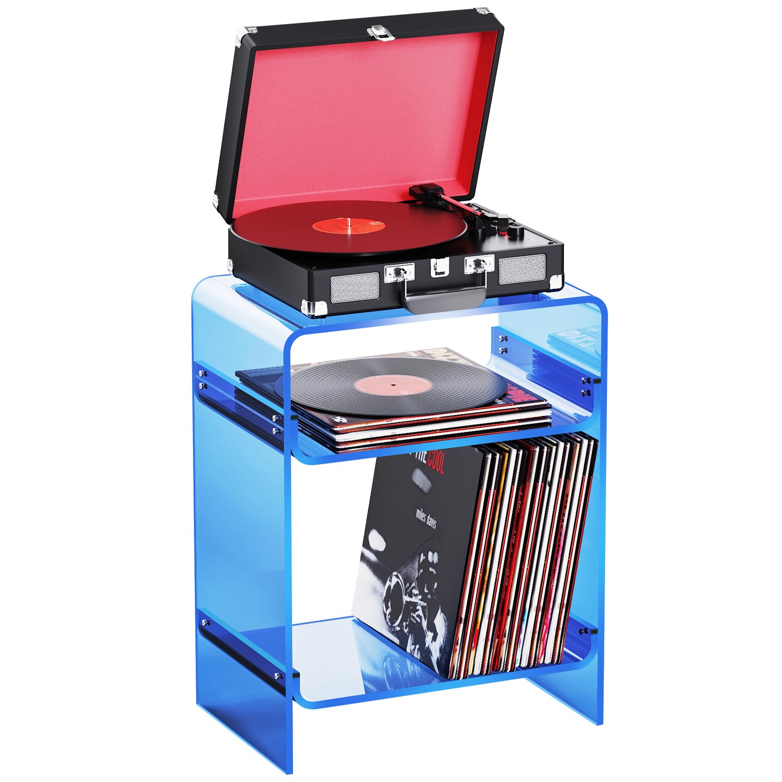 Acrylic Record Player Table with Storage Shelf, Clear Side Table Nightstand (Blue, Large)