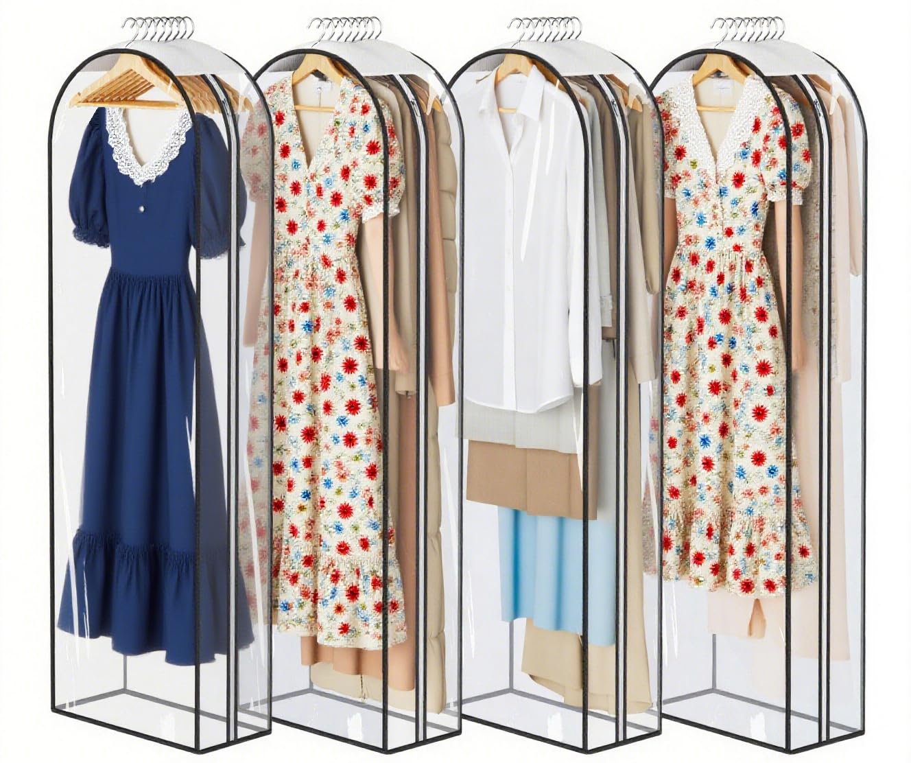 KEETDY 10" Guessted Garment Bags for Hanging Clothes, All Clear 60" Long Dress Bag for Closet Storage for Gowns, Coats, Suits Cover（4 Packs）