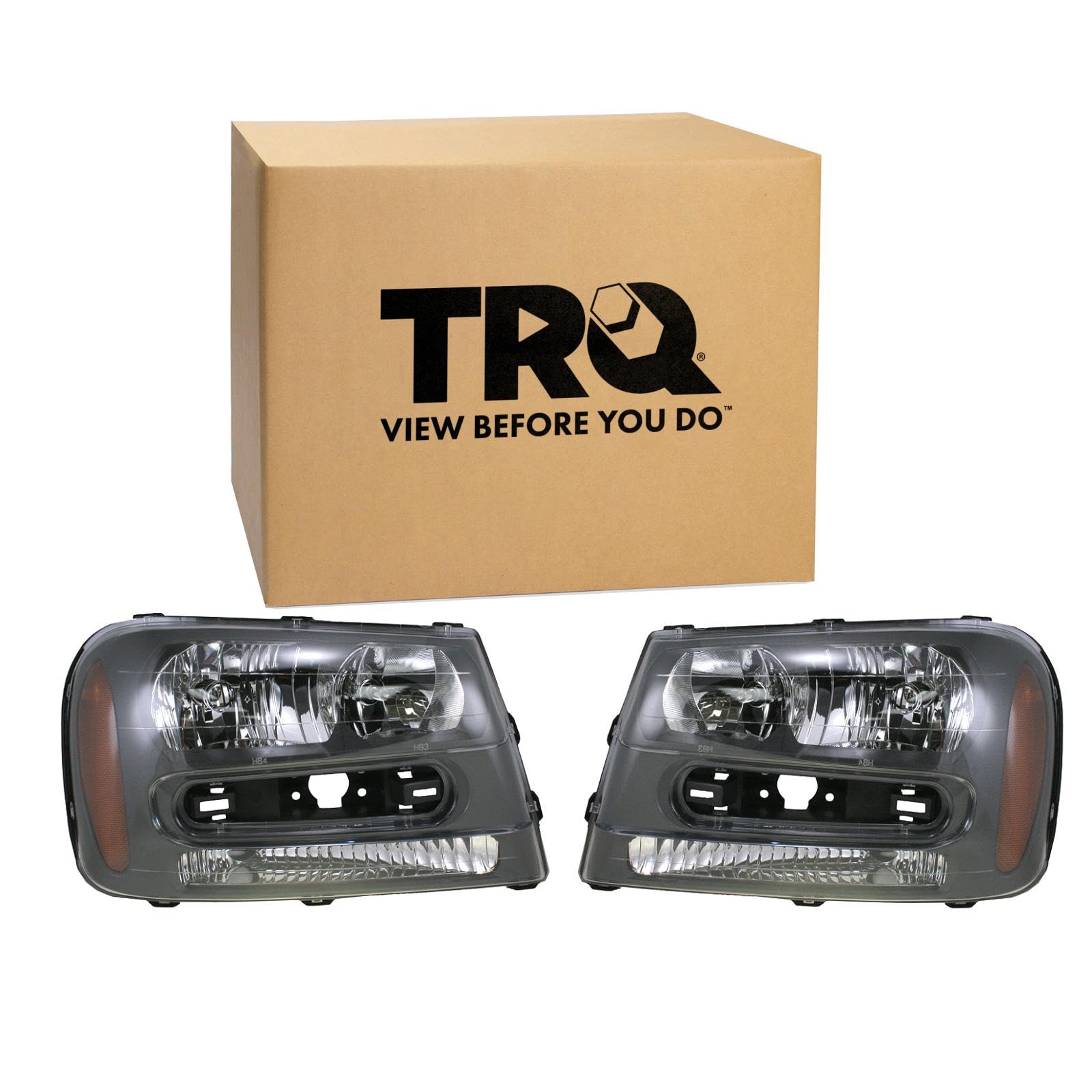 TRQ Driver and Passenger Side Headlight Assembly Set Compatible with 2002–2009 Chevrolet Trailblazer with Full Width Grille Bar 2002–2006 Trailblazer EXT with Full Width Grille Bar