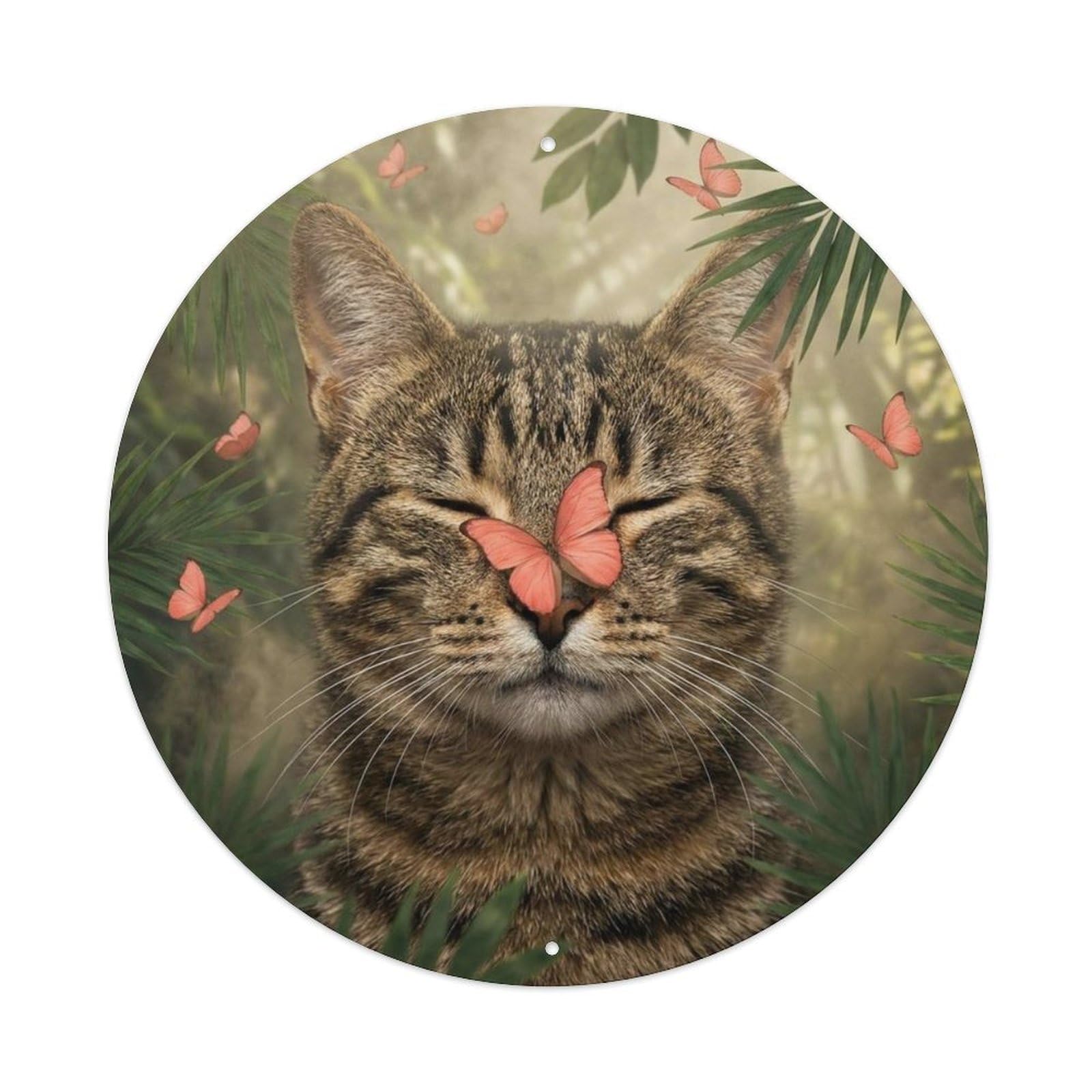 Tabby Cat Cute Pet Coral Butterfly Jungle Dreamy Kawaii Metal Tin Sign Plaque Wall Decor for Cafe, Man Cave, Club Bar, Office, Home Garden Round Metal Poster 8x8Inch