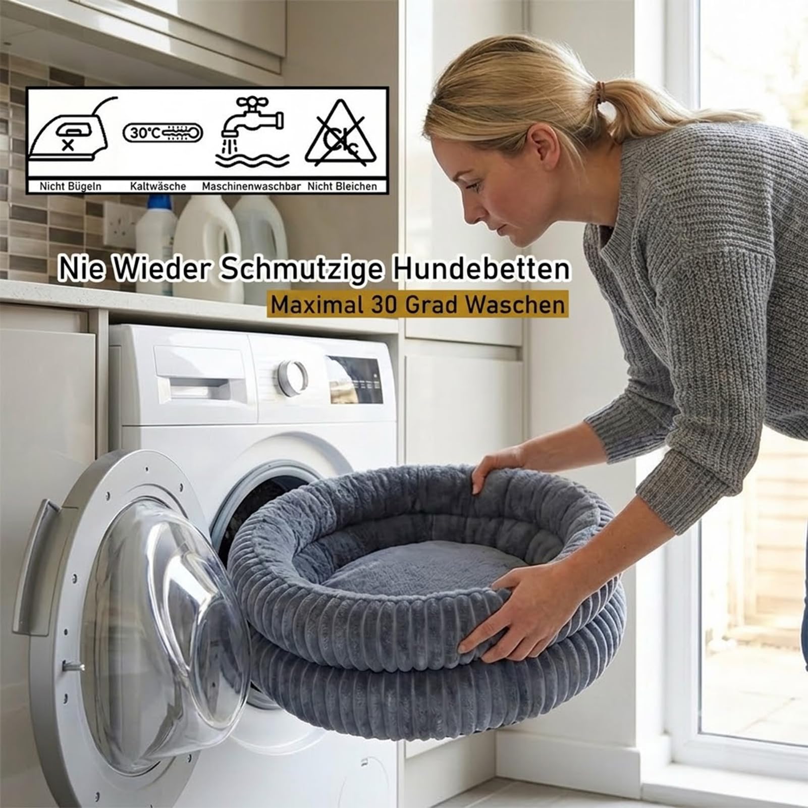 Donut Hundebett & Katzenbett 65 cm, Flauschiges Haustierbett, Grau