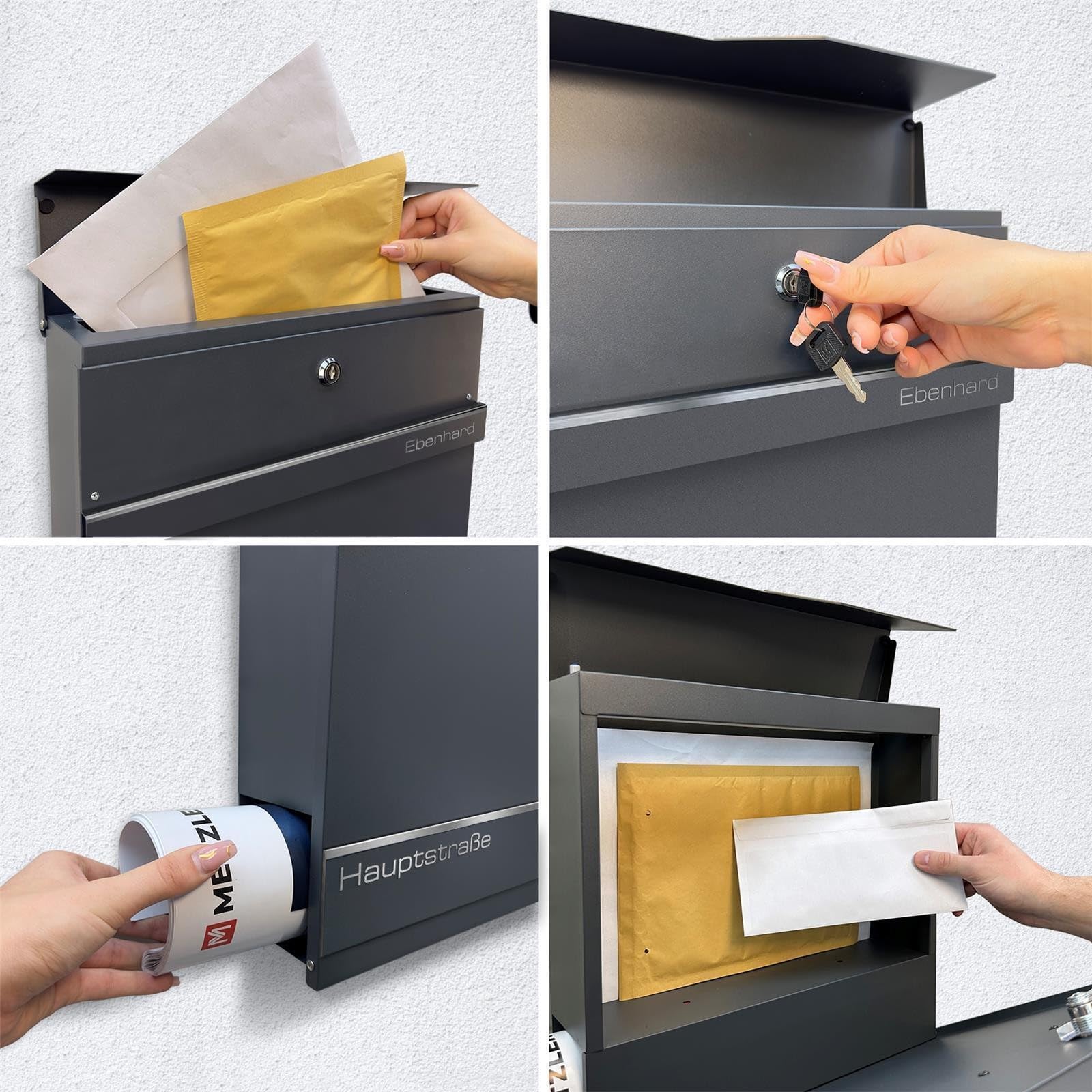 Metzler Briefkasten Personalisierbar Anthrazit RAL 7016 - mit Zeitungsfach - Wandbriefkasten mit Edelstahl Namensschild und Hausnummer Lesergravur - UV-beständig und Rostfrei (Mit Gravur) - Herrmann