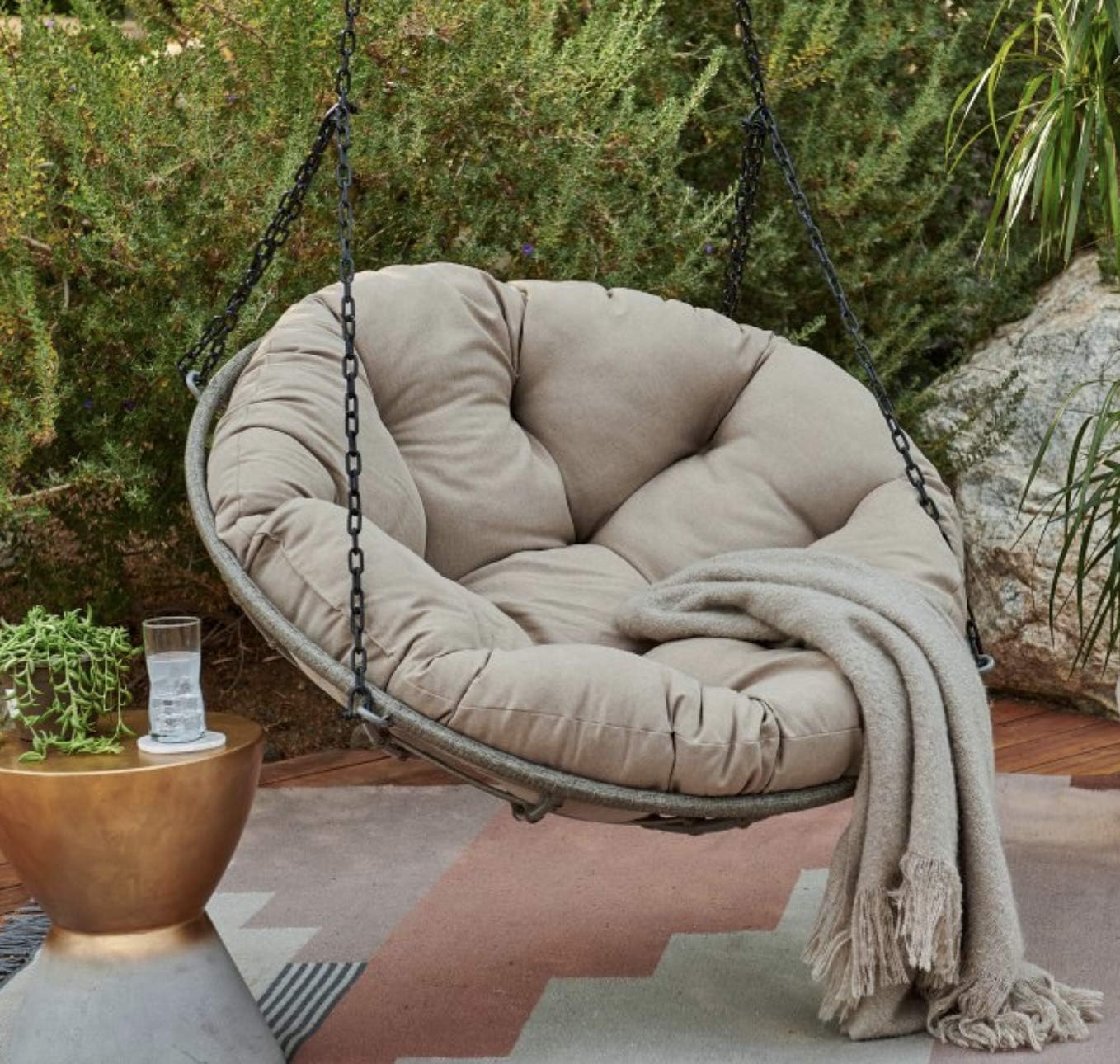 Beige Rattan Wicker Hanging Papasan Swing Chair with Cushion