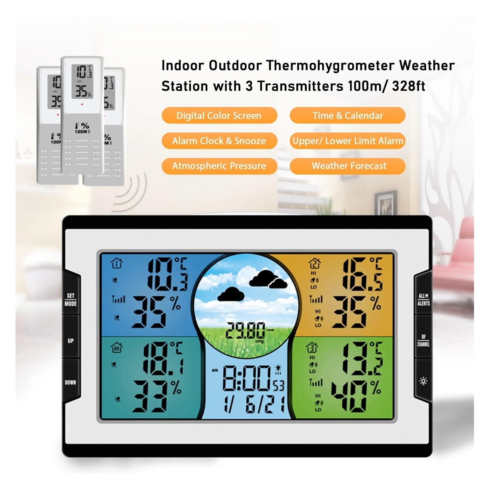 Cyfrowa Stacja Pogodowa Z 3 Zdalnymi Czujnikami 100m Wewnętrzna Temperatura Zewnętrzna Monitor Wilgotności Budzik Termohigrometr Dokładny Monitor
