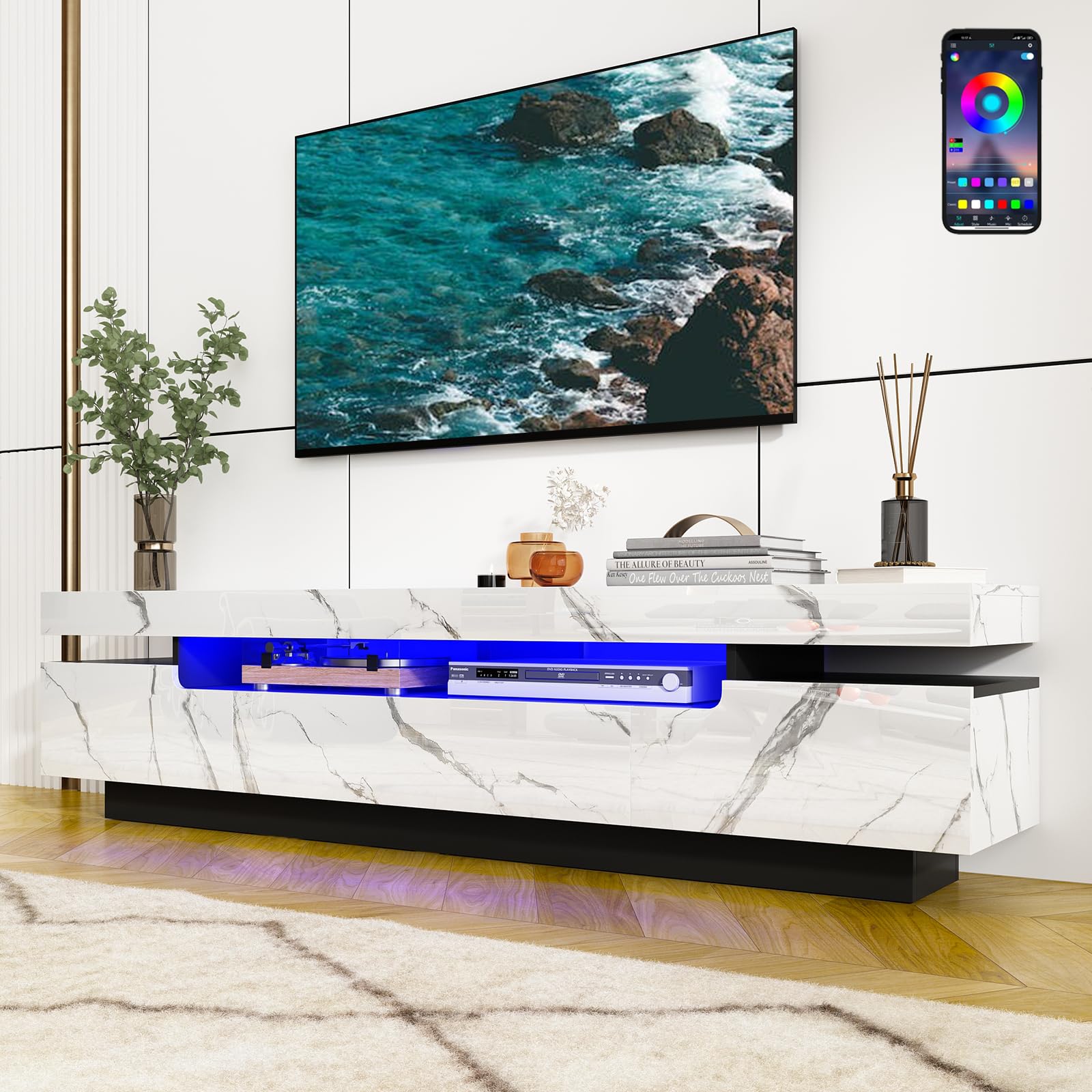 Uspeedy 70IN White TV Stand for 75/80 inch TV,Modern LED TV Stand for Living Room,High Gloss Entertainment Center with Storage Drawer,APP RGB Light,TV Console,Television Stands(Marbling)