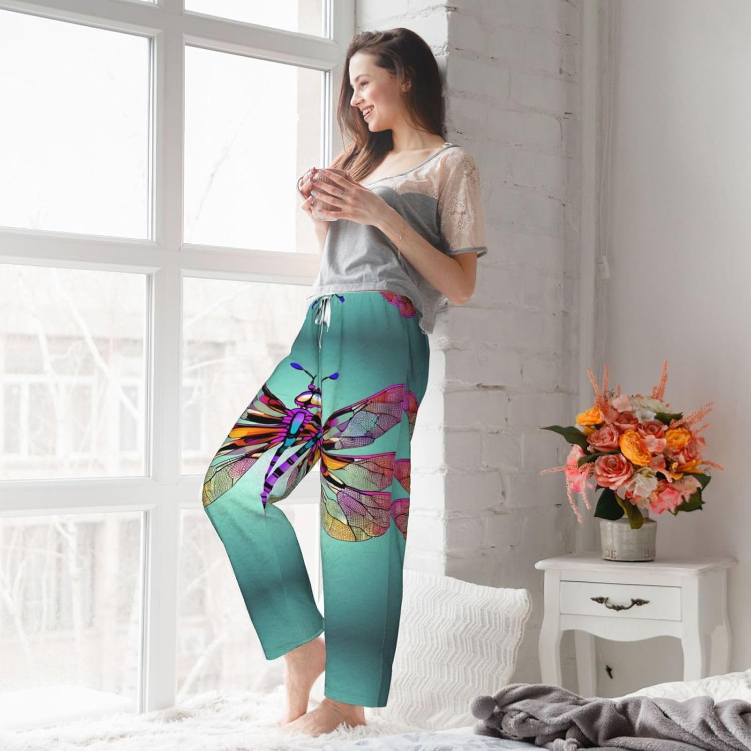 Cute Dragonfly Pattern Print Cozy Christmas Pajama Pants,Flannel Pajama Bottoms,Cater To Various Body Types