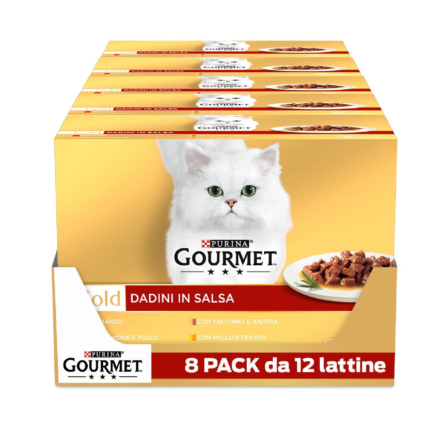 Purina Gourmet Gold Dadini in Salsa Cibo Umido per Gatti con Manzo, Salmone e Pollo, Tacchino e Anatra, Pollo e Fegato, 96 Lattine da 85 g