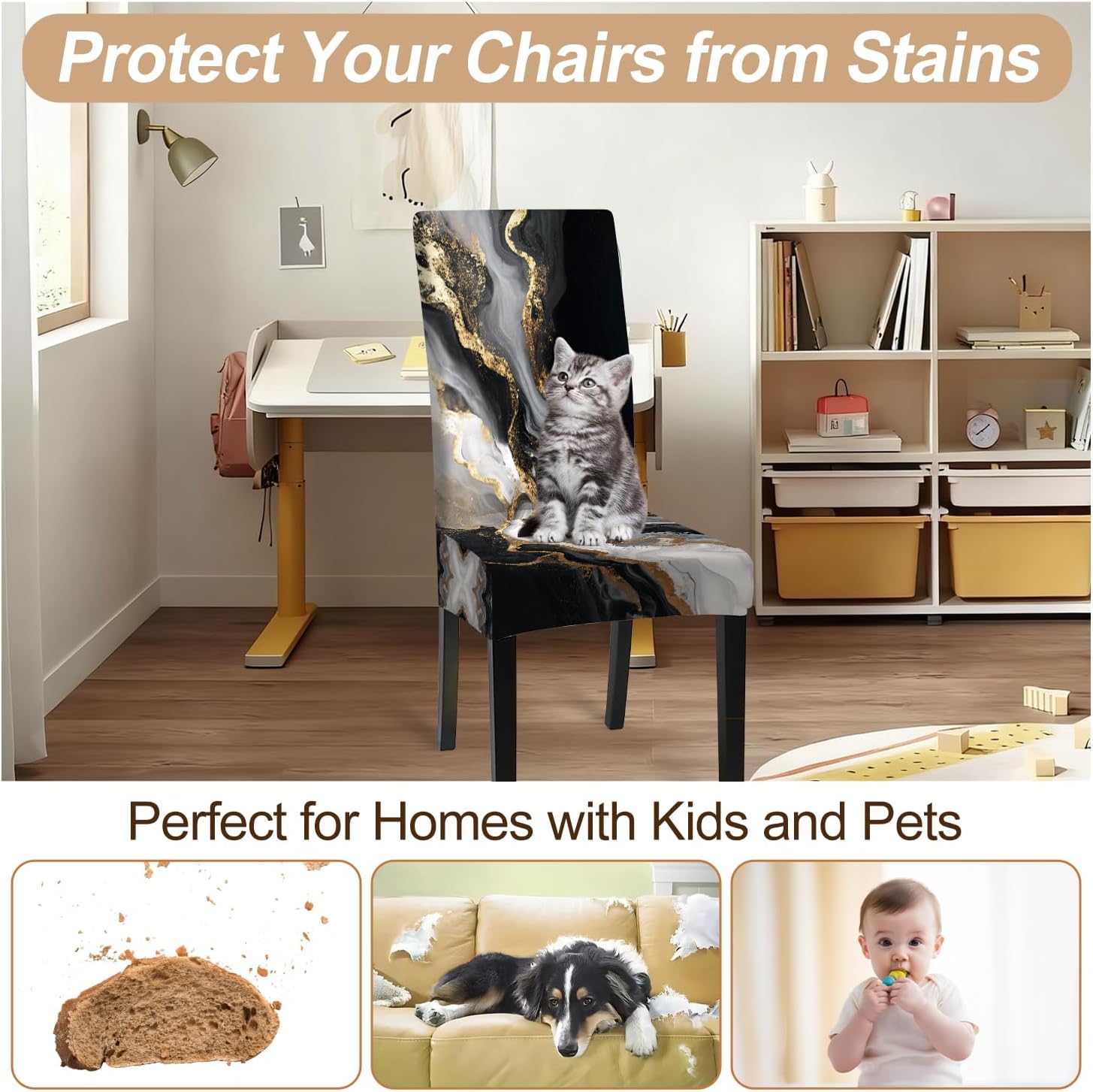 FOREVER QUEEN Luxury Black Gold Marble Chair Covers Set of 6, Abstract Modern Stretch Slipcovers -Washable Removable Dining Chair Protectors for Restaurants,Hotels,Weddings & Home Decor