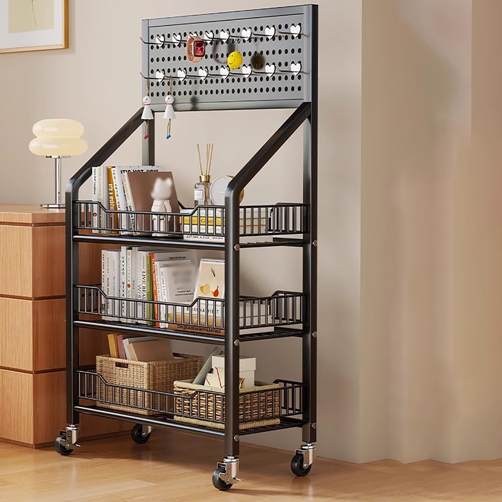 Carrello Di Utilità Di Laminazione Di 4 Tier, Ripiano Robusto Snack In Metallo Con Piano Di Pegboard, Portaoggetti Da Cucina Mobile Per L'organizzatore Di Camere Da Bagno, Espositore Versatile Con Ruo