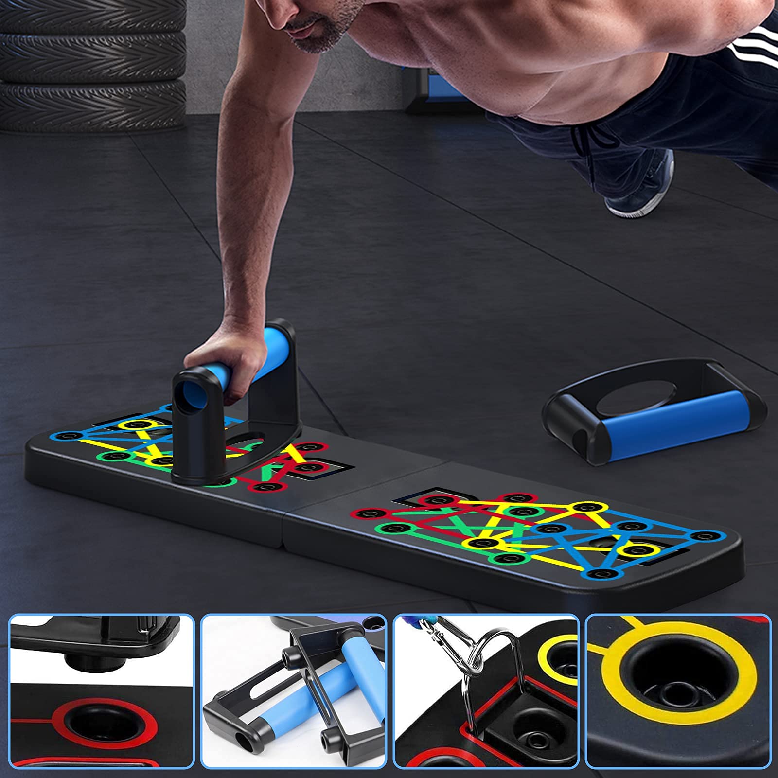 Push up Board pieghevole 23 in 1, tavola a pompa per sollevamento pesi, multifunzione, con maniglie, con 2 corde di trazione, fitness
