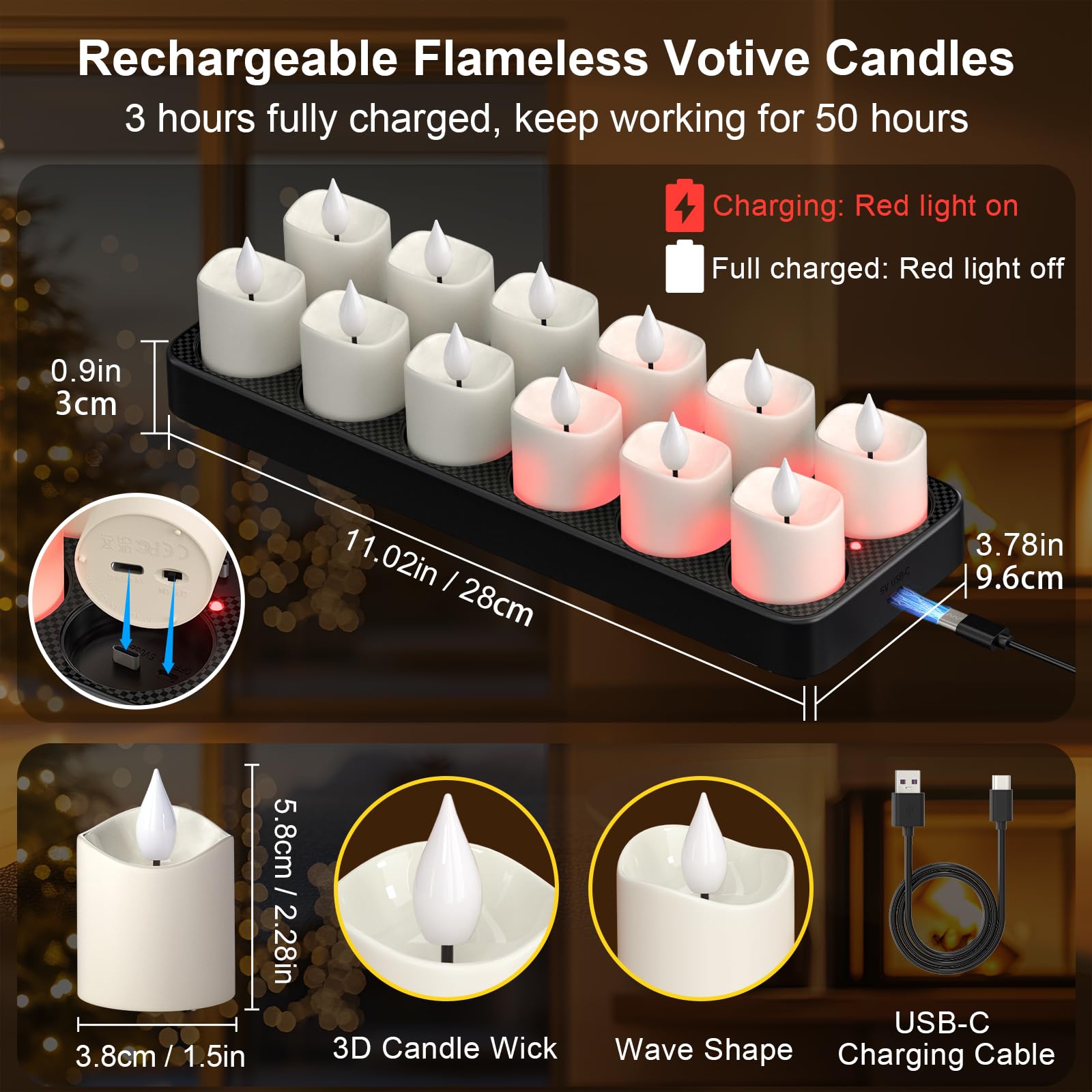PChero Tea Light Candele Led, 12 Pezzi Mini Ricaricabile Candele Tealight Luci a Led Batteria Natalizie Decorative Finte Piccolo Elettriche Effetto Reale Per Halloween Natale Casa Decorazioni