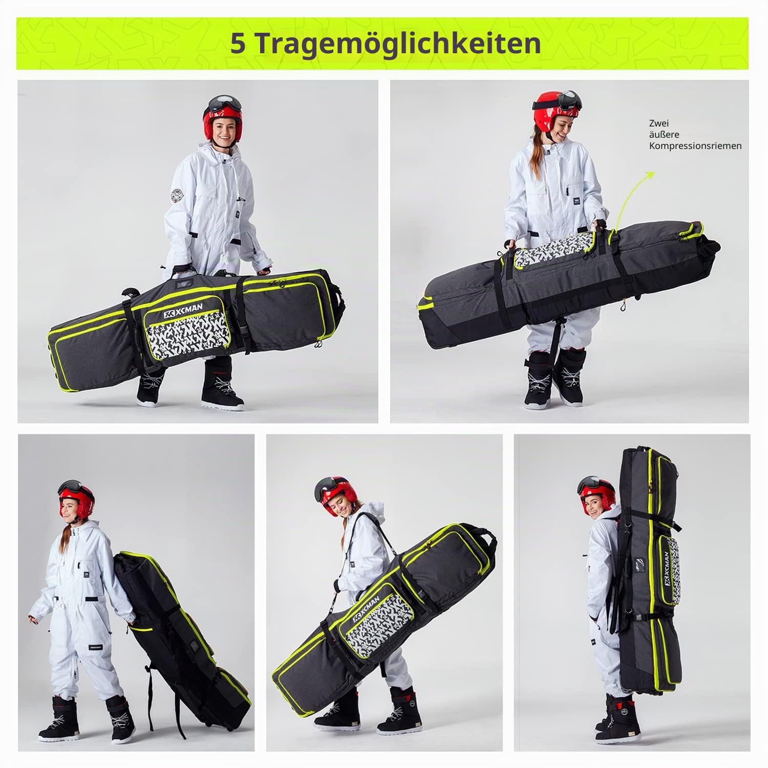 XCMAN Padded Snowboard Bag with Wheels, Extendable Roller Ski Bag for Air Traveling Adjustable Length - Extra Long/Wide/Deep,Waterproof - with Protection Ribs