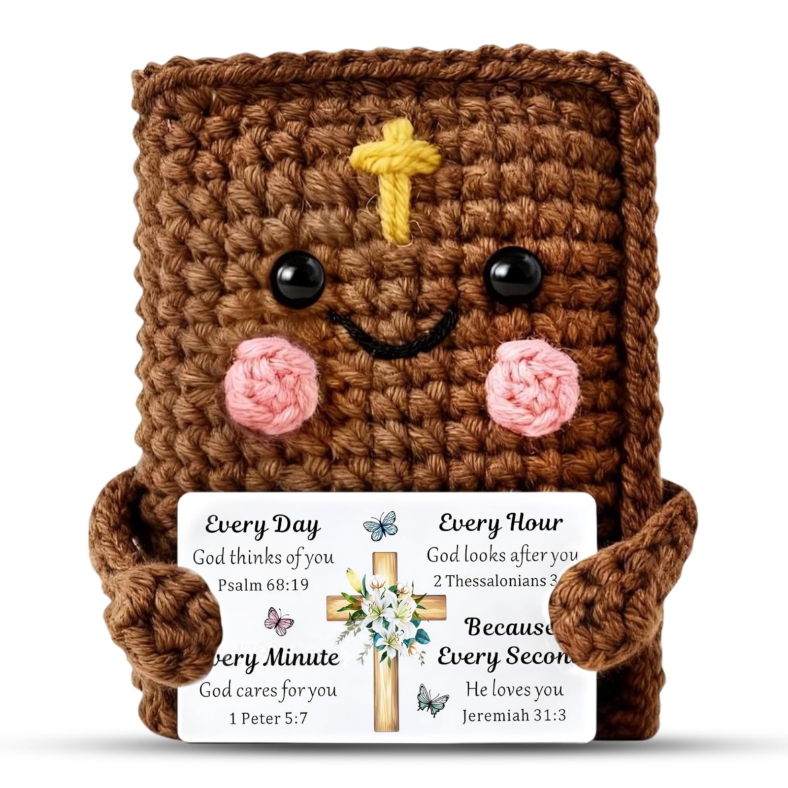 Brown Bible Verse Positive Crochet, Handmade Jesus Plush with Blessing Card, Soft Doll for Baptism and Confirmation, Thoughtful Christian Gifts for Special Occasions