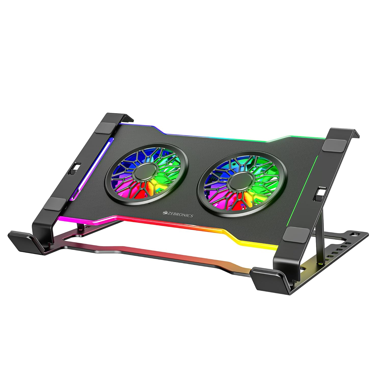 Zebronics NS5000 Laptop Metal Stand with Dual Fan, Upto 17 inch, Multicolor Fan + Speed Controller, 58CFM Airflow, 7-Level Angle Adjustment, Foldable, with USB & Type-C Ports, Anti-Slip Silicone Pads Zebronics NS5000 Laptop Metal Stand with Dual Fan, Upto 17 inch, Multicolor Fan + Speed Controller, 58CFM Airflow, 7-Level Angle Adjustment, Foldable, with USB & Type-C Ports, Anti-Slip Silicone Pads