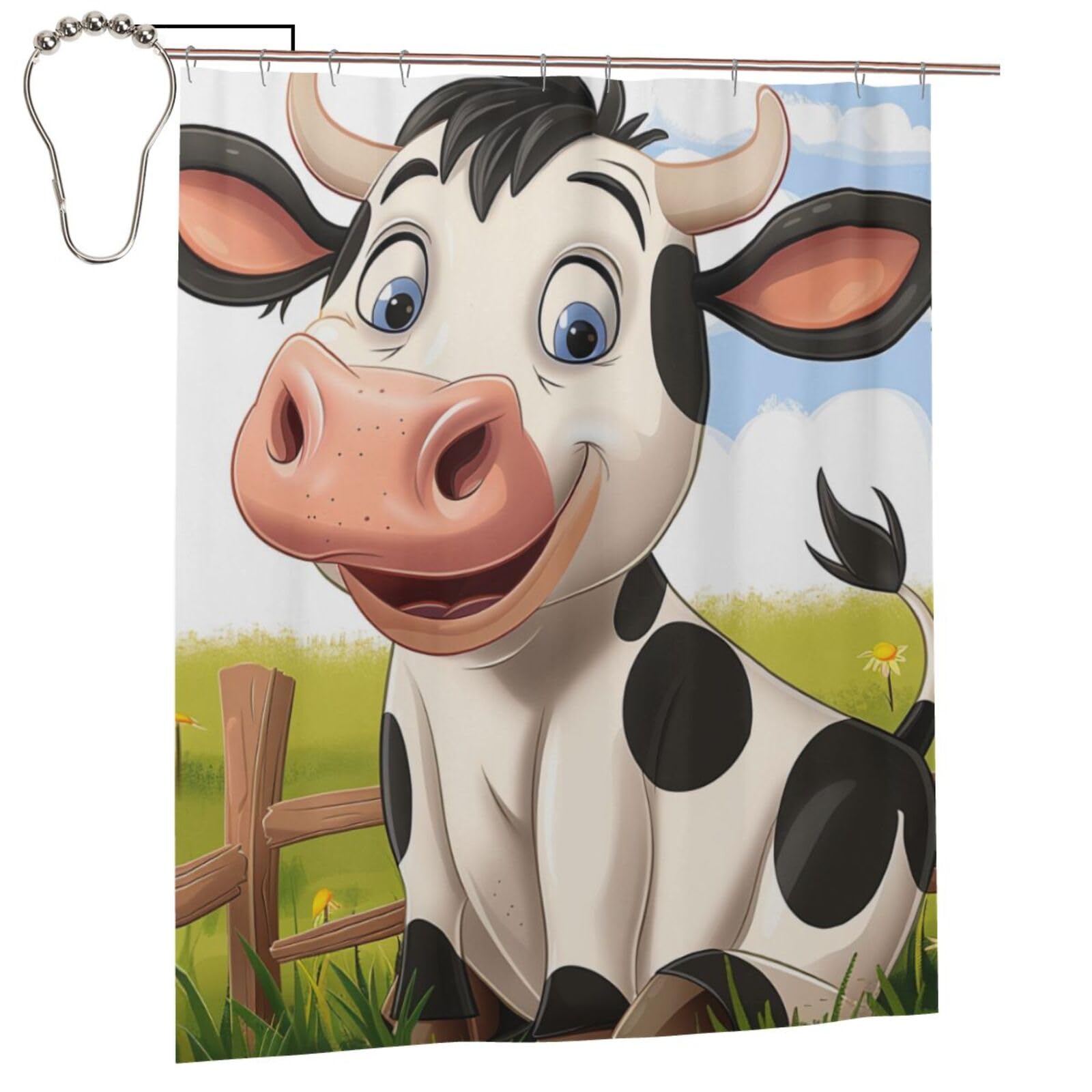 BWWHCCTI Cartoon Milk Cow Printed Shower Curtain With 12 Iron Hooks Opaque Quick Drying Waterproof Shower Curtains Sets For Bathroom 152x183 Cm