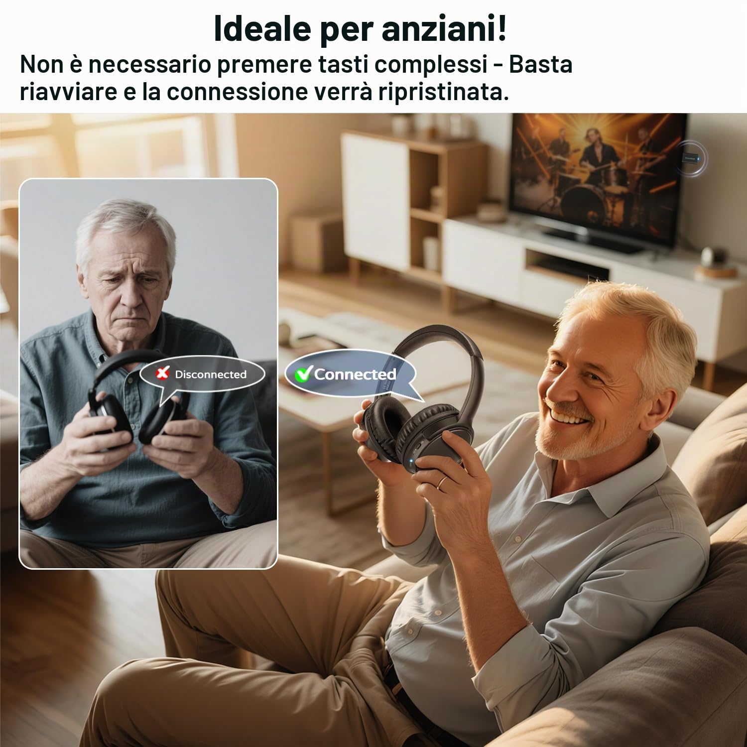 Holdsound Cuffie TV Wireless per Anziani, Senza Latenza Audio | Cuffie per TV Senza Fili con Trasmettitore USB, Alto Volume, Riproduzione Audio di 40 Ore, Plug And Play