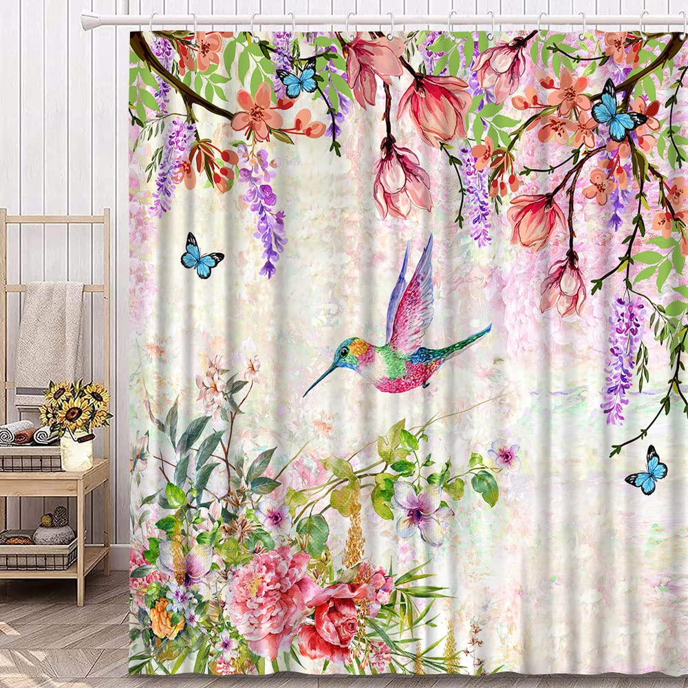 Moutina Hummingbird Floral Shower Curtain - 72x72 Inch, Waterproof Polyester, Spring Summer Bathroom Decor