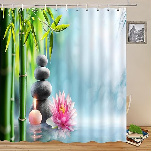 Cortinas de ducha con diseño de paisajes, diseño de flores de bambú verde, flor de loto, decoración de baño, tela de poliéster, juego de cortinas