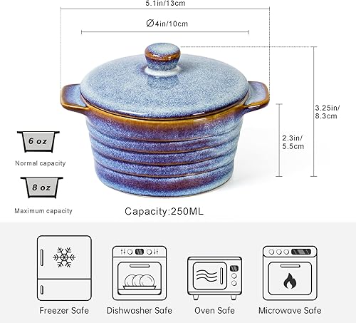 Miniatura 2 de UNICASA Juego de 4 moldes de cerámica de 8 onzas con tapa, mini cazuela con asas, plato pequeño de porcelana, apto para horno de cocotte pequeño,