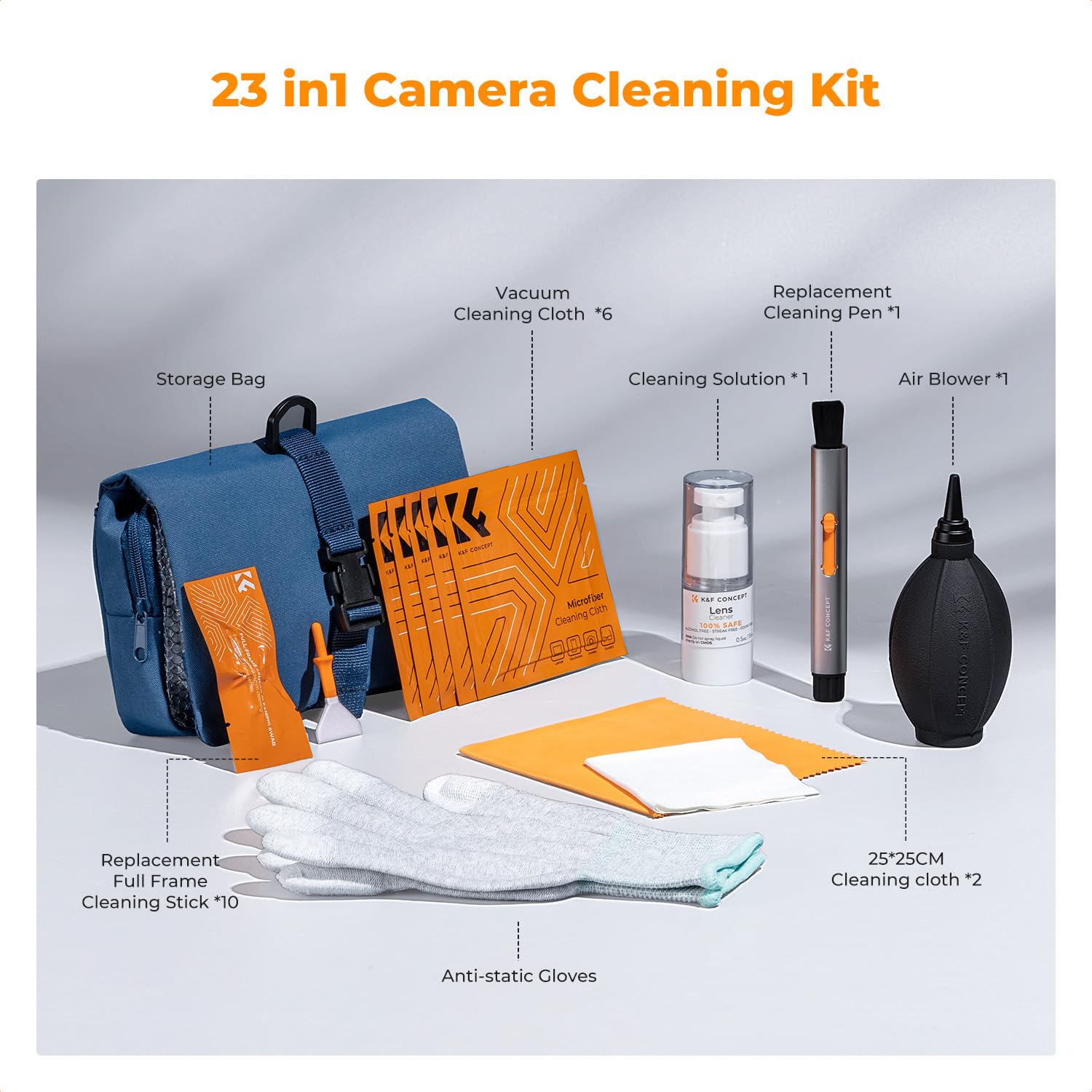 Zestaw czyszczący K&F CONCEPT – gotowy do podróży, do czyszczenia soczewek i obiektywów (w zestawie: Lens Pen, gruszka, ściereczka z mikrofibry, rękawica, wacik z mikrofibry, etui)