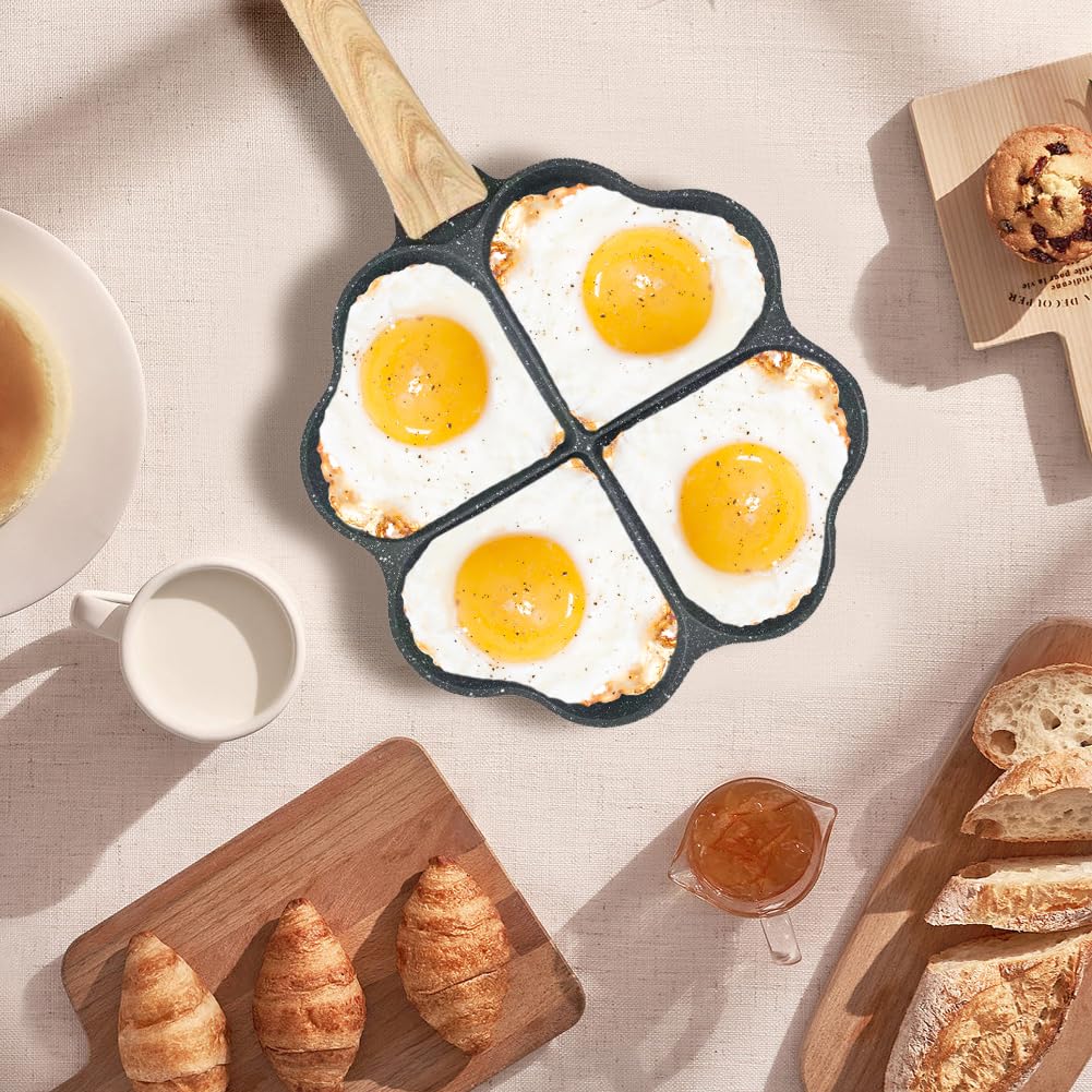 Padella antiaderente a forma di cuore a 4 fori, per pancake, antiaderente, con spatola in silicone e spazzola per la colazione, pancake, per omelette, hamburger (nero)