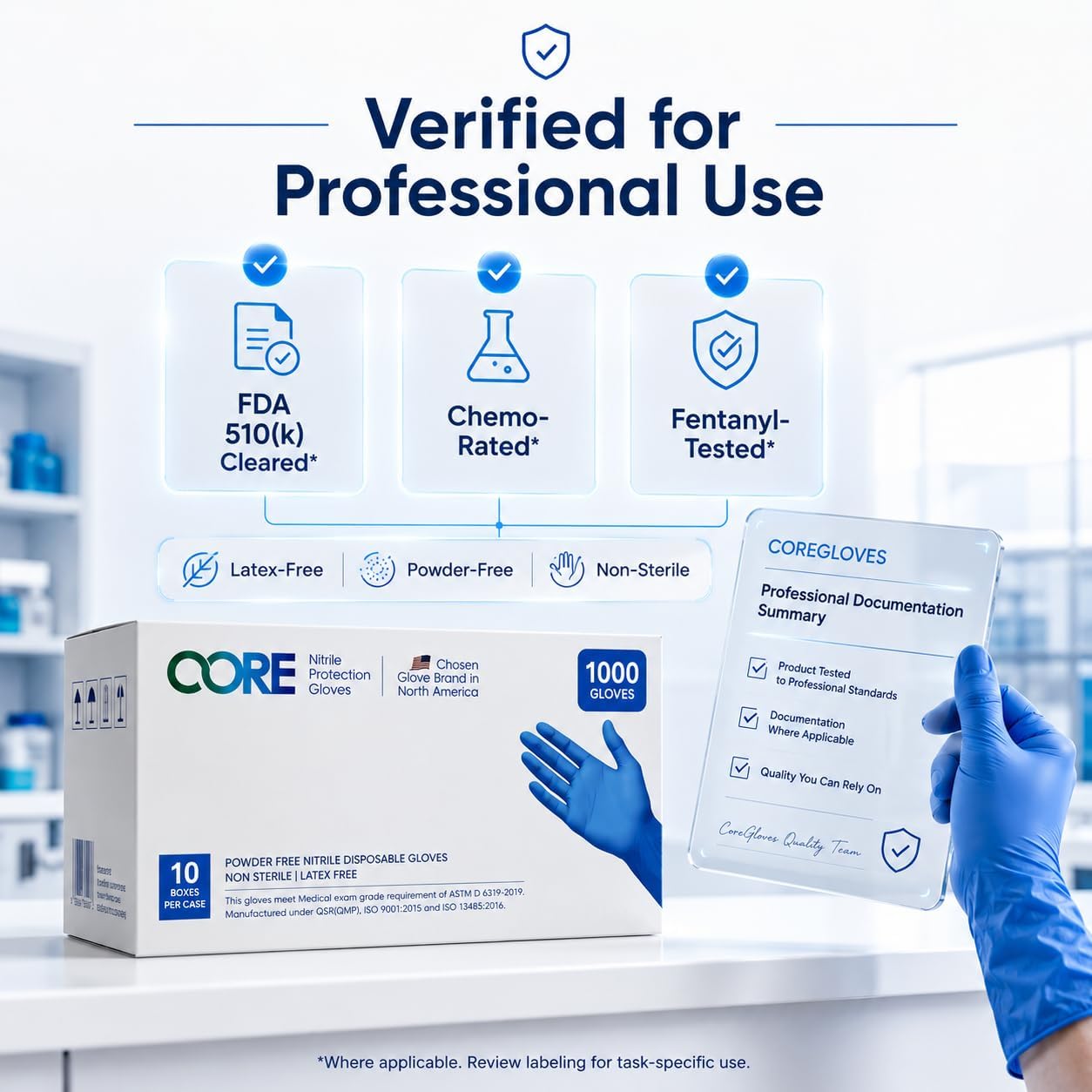 CoreGloves Nitrile Exam Gloves Disposable Latex Free Powder Free, Blue Medical Gloves, Box 100, Case 1000, Dental, Nursing