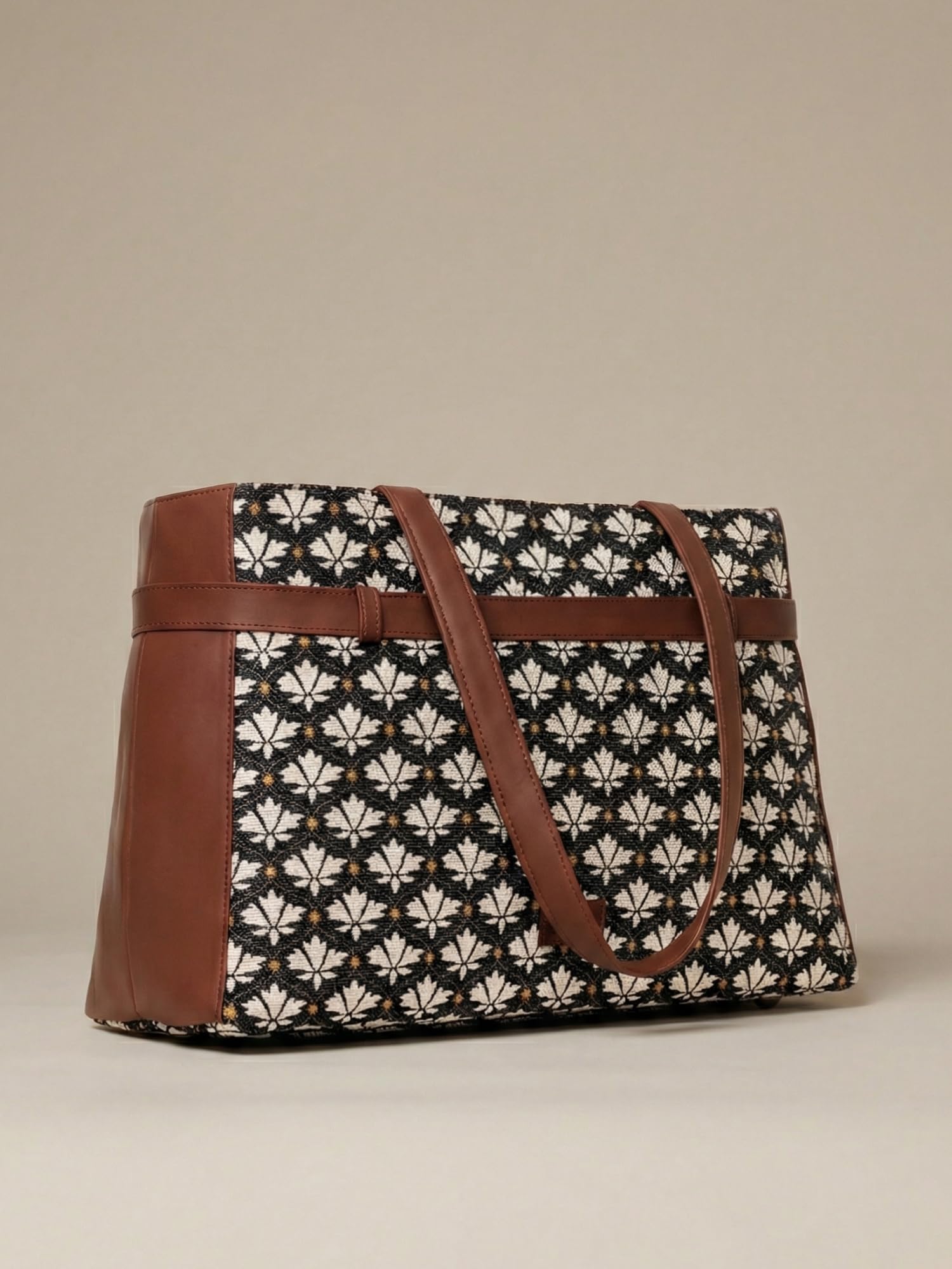 ZOUK Bidri Kaiser Motif Printed Women's Jute Handcrafted Vegan Leather Black and White Statement Office Shoulder Bag 1