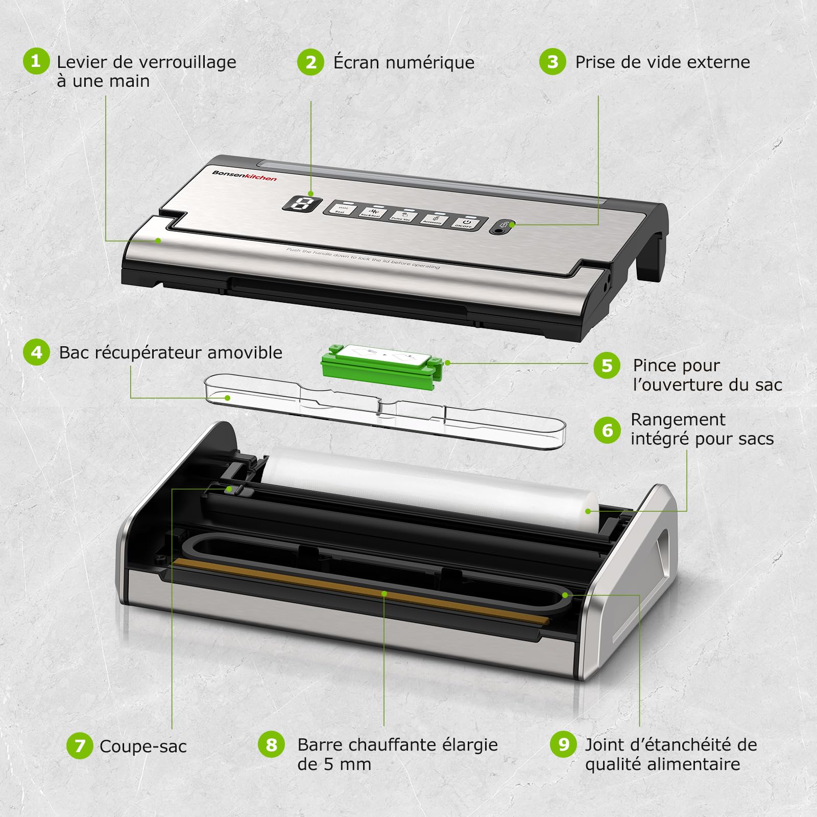 Bonsenkitchen Machine Sous Vide, Soudure Large 5mm Anti-Fuite, Acier Inoxydable, Une Main & Pulse Sec/Humide, Machine Sous Vide Haute Performance incl. 1 Rouleau & 10 Sachets, VS4200